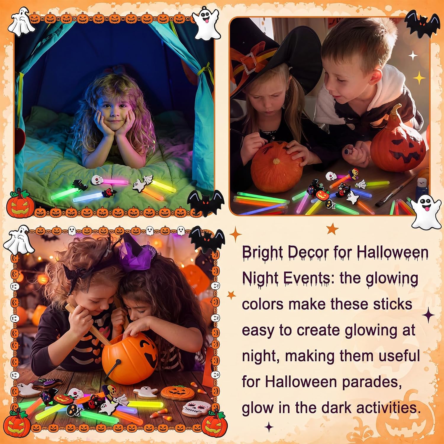 Junkin 50 Sets Halloween Glow Sticks Bulk with Connectors for Kids