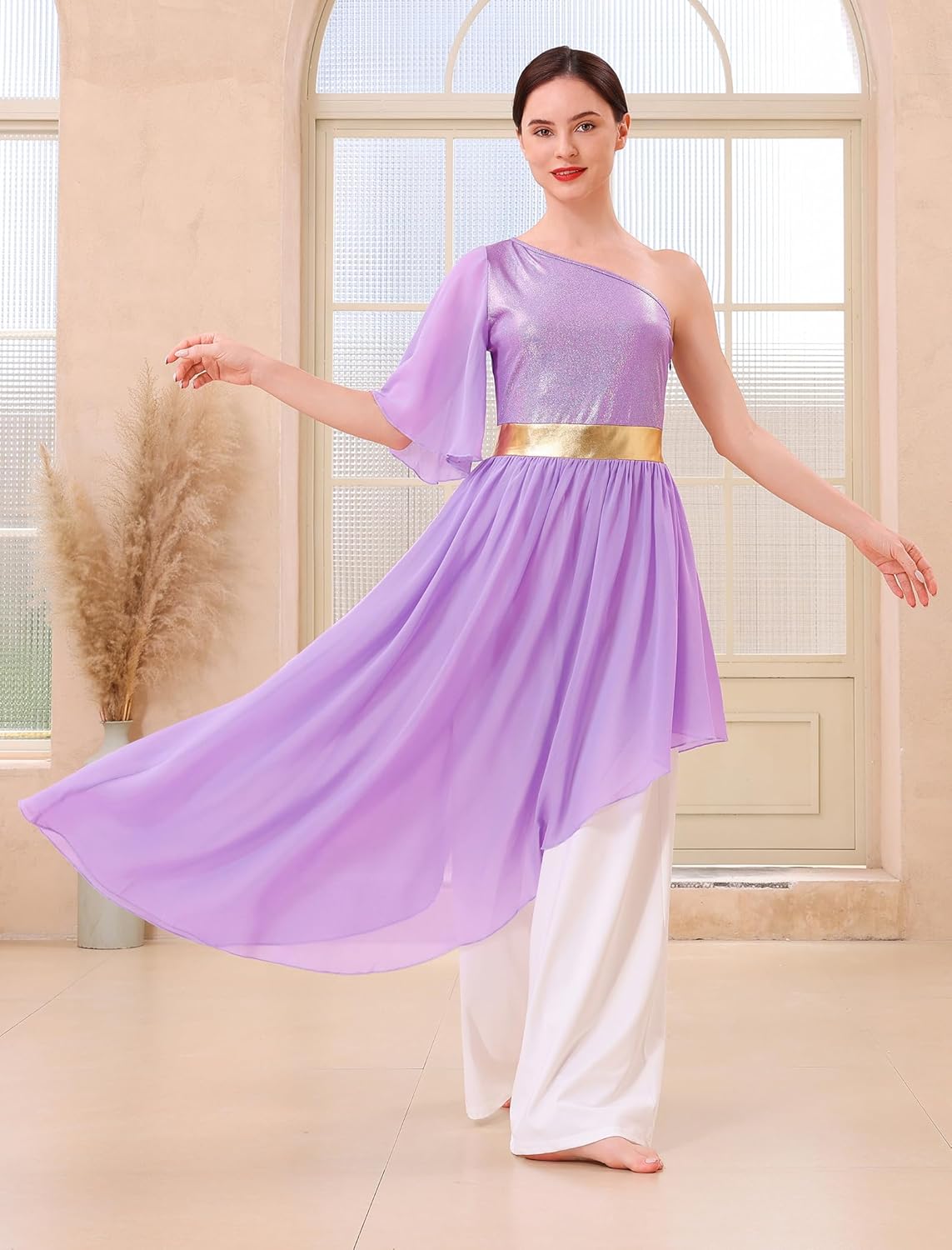 AFAVOM Metallic Praise Dance Overlay Dress for Women Asymmetrical One Shoulder Worship Tunics Liturgical Lyrical Dancewear
