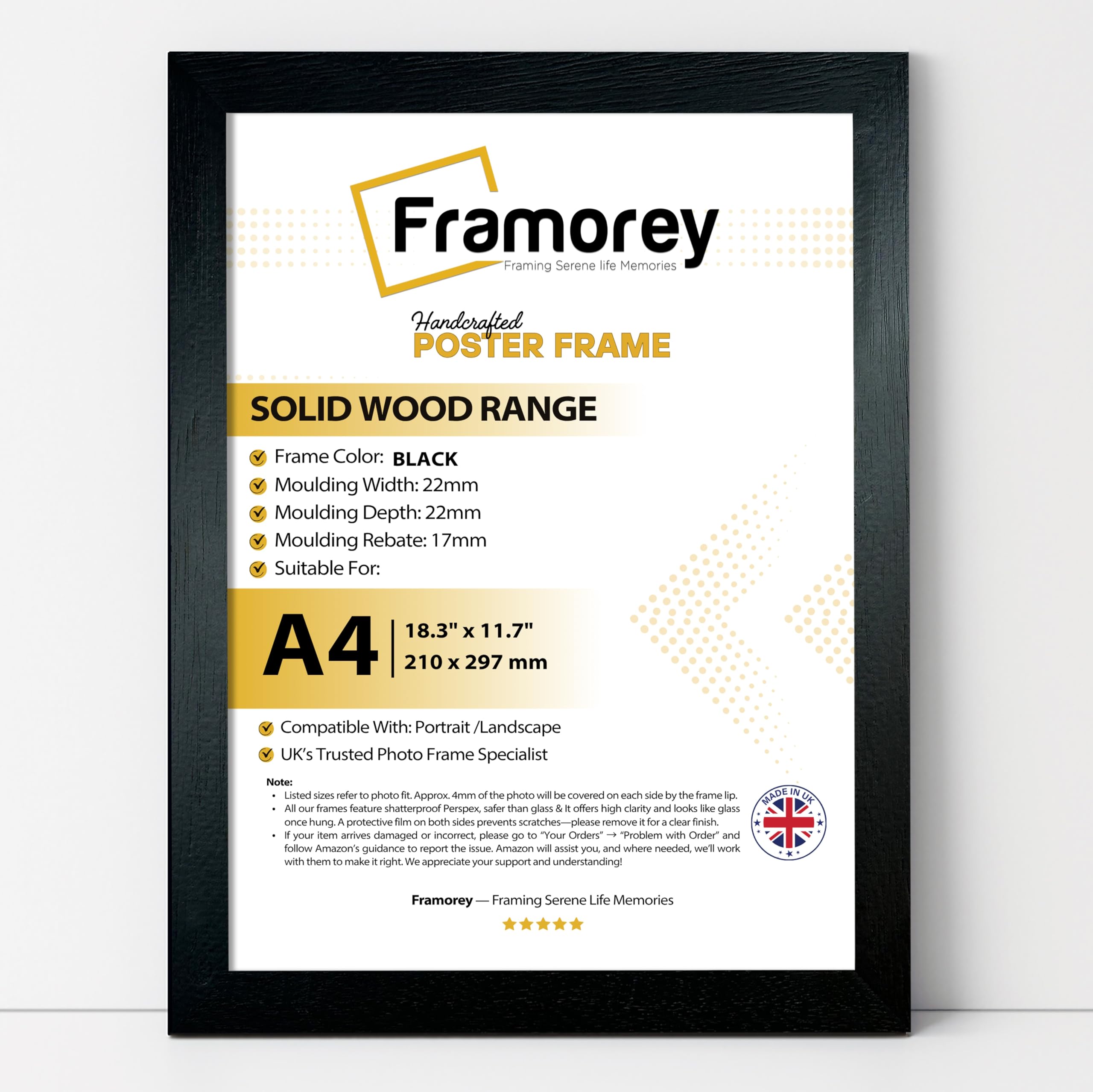 Framorey Framing Serene Life Memories Black Framorey A4 Frame,100% Solid Wood Frame, A4 Picture Frame, 21Cm X 29.7Cm Certificate Frame For Table Top And Wall Mounting, 21X 29.7 Poster Frames With Acrylic Glass,