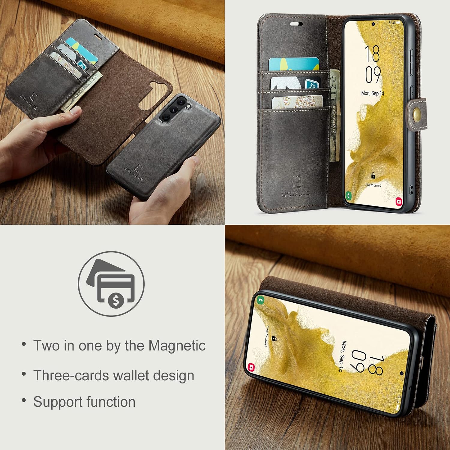 Detachable 2 in 1 Split Magnetic Flip Folio Wallet Case Compatible with Samsung Galaxy S23 Plus Genuine Leather Phone Case with 3 Card Holder Slots Kickstand Shockproof Cover(Grey)