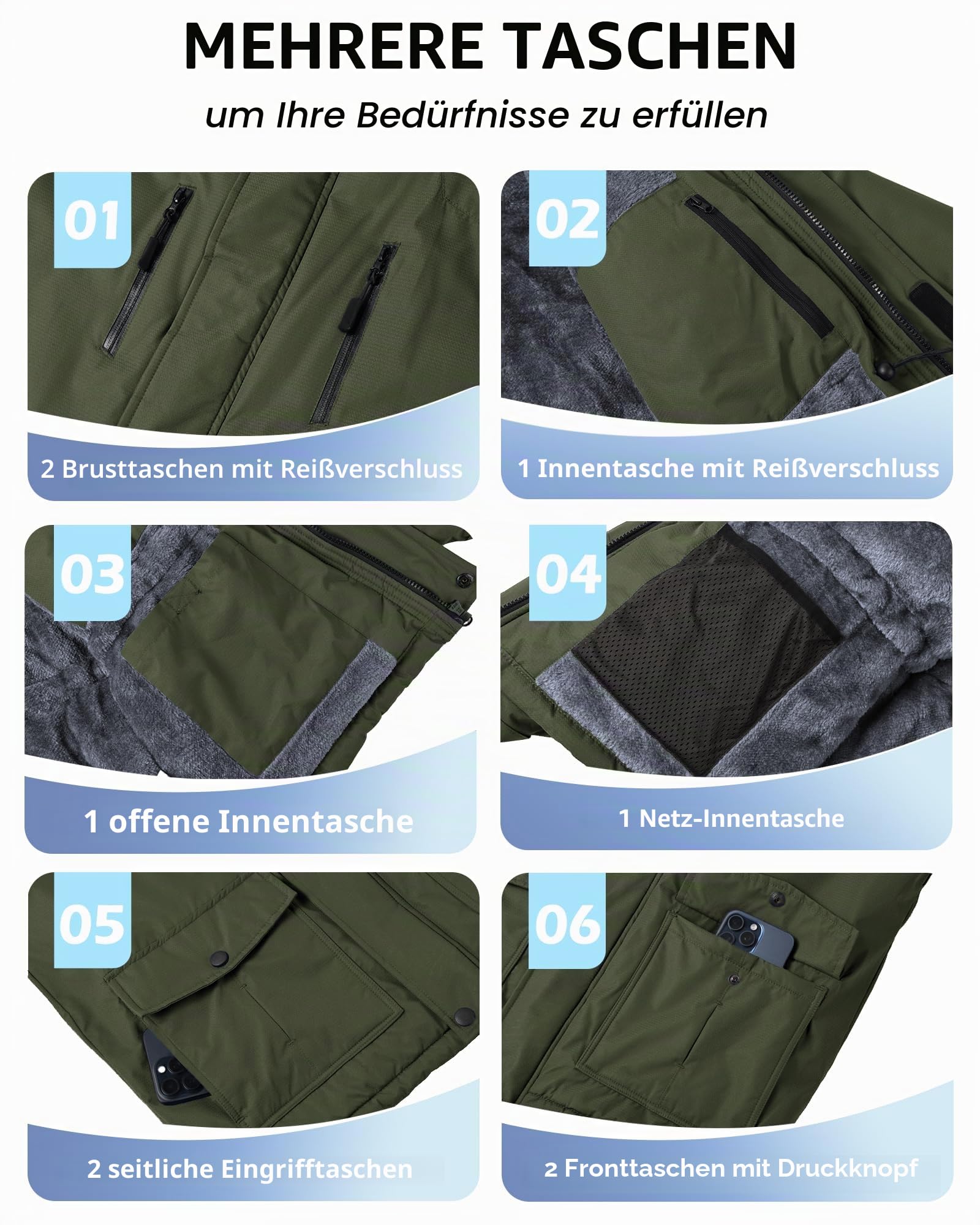 Tansozer Herren Winterjacke Winddicht Atmungsaktiv Wasserabweisend Gefüttert Wander Regenjacke, Armeegrün, M