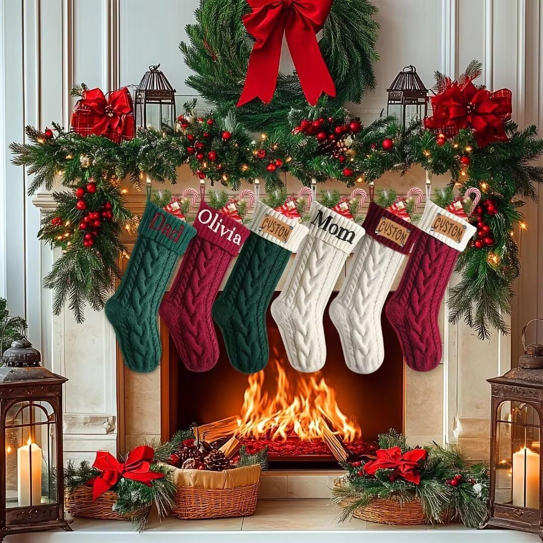 Calcetines Navidad Chimenea - 46cm Medias de Navidad con Nombre del Bordado para Colgar, Medias de Navidad Personalizadas, Idea Regalo para Decoracion Navidad Hogar, 4 Pieza