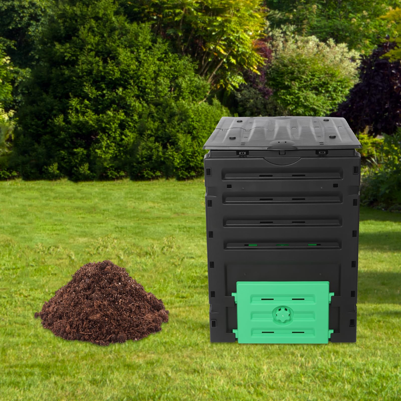 Garden Compost Bin 450L/119 Gallon Outdoor Large Capacity Composter, Fast 2-3 Month Composting, PP Material, Easy Assembly, 71.2x71x103cm, Black & Green — view 2
