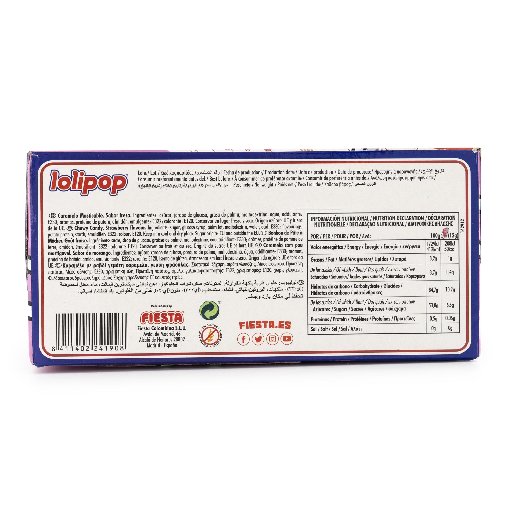 FIESTA Lolipop Caramelo Masticable con Palo Sabor Fresa - Caja de 100 unidades