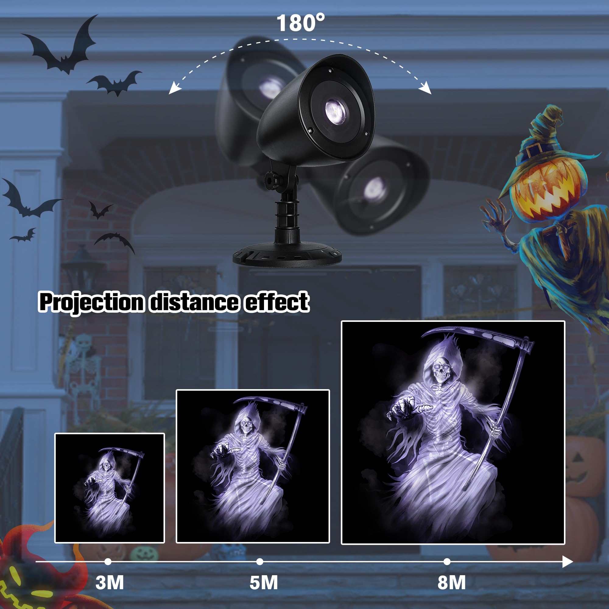 iShabao Projektor 3D Halloween z timerem, LED lampa wodoszczelna, biały ponury żniwiarz, na ścianę, okno, ogrod, podwórze, imprezę