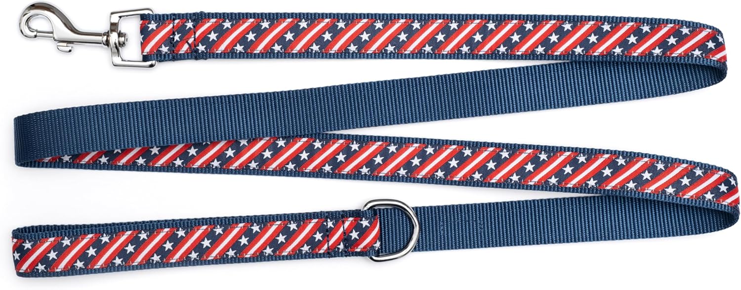 THE WORTHY DOG Fashionable Bias Starts and Stripes Leash for Dogs, Woven Ribbon, Solid Nickel Plated D-Ring, Red/White/Black, Large