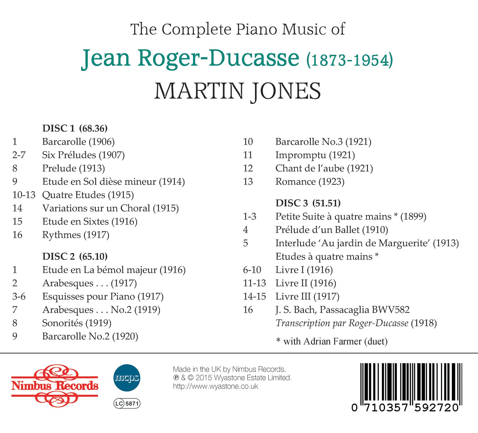 Roger Ducasse Compl Piano Music