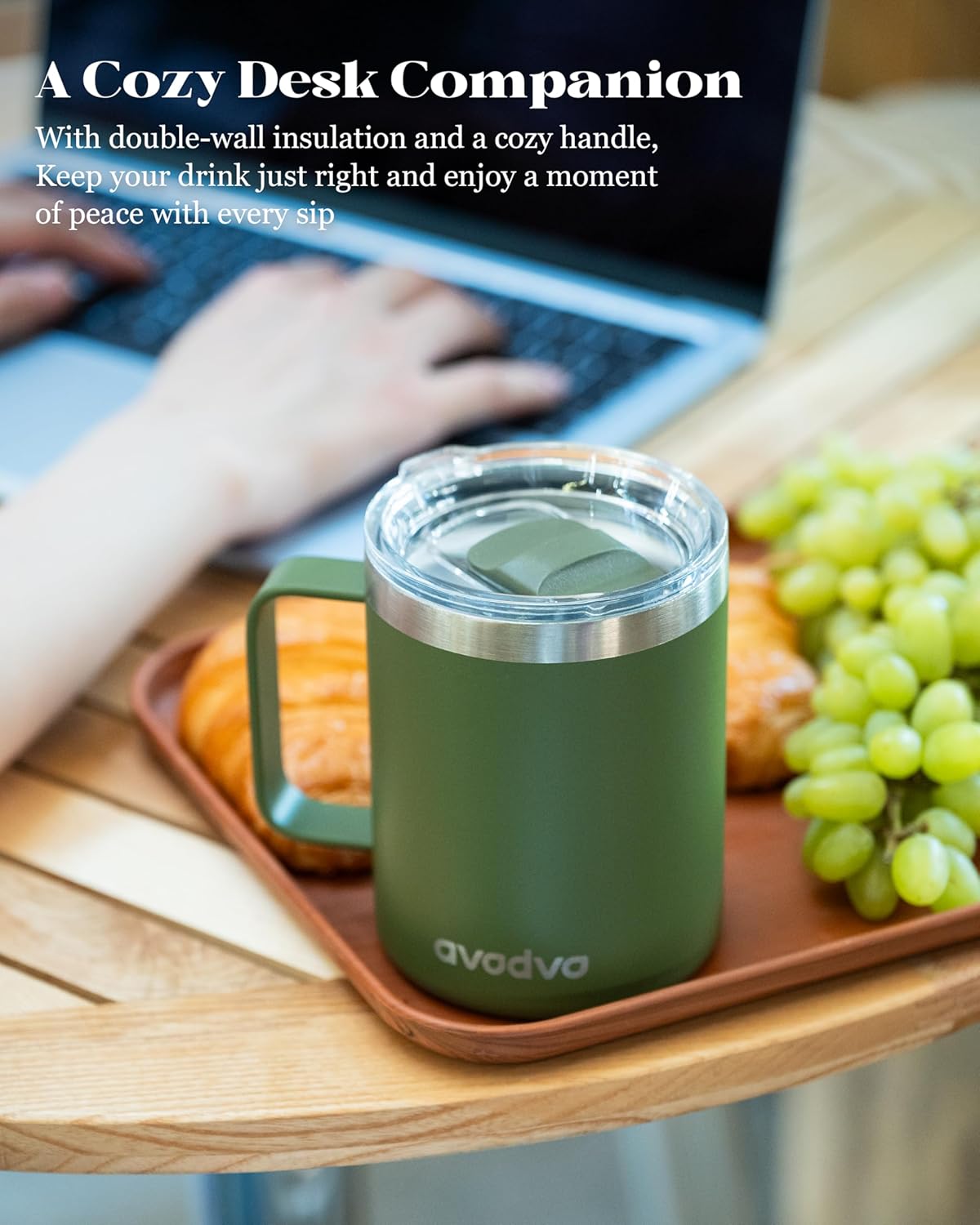 12oz Insulated Coffee Mug with Lid – Includes Two Lids, Stainless Steel Coffee Travel Mug with Handle, Double Wall Vacuum Insulated Camping Mug for Home, Office & Outdoor, Army Green - Image 5