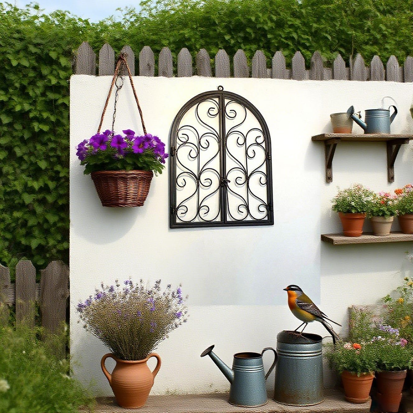Rustikale Deko-Fenster mit Halbbogen zum Öffnen Eisen Sprossen-Fenster Scheunenfenster Fensterrahmen Fenster Attrappe Ranken Optik Wanddekor für Gartendeko Landhausstil Rost