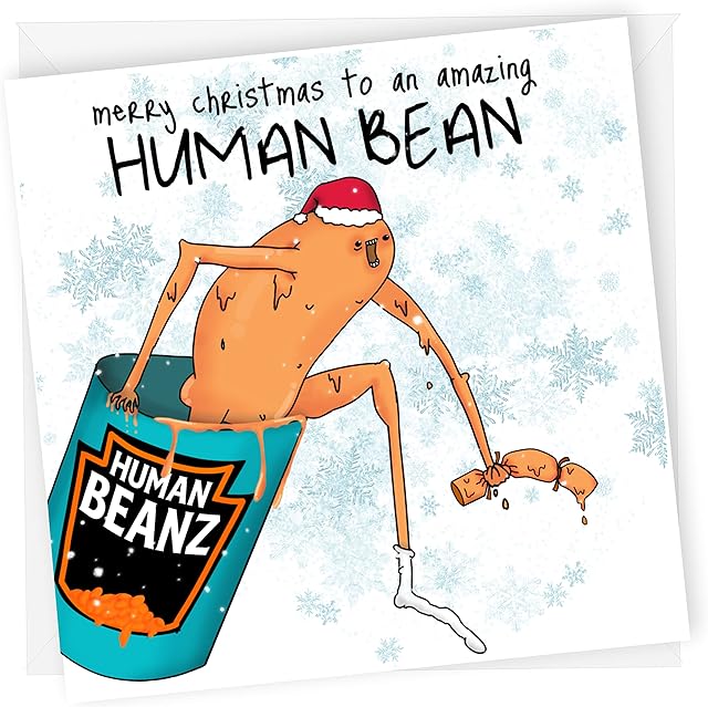 The Human Bean Christmas Card - Funny, Cute Mum and Dad Christmas Card, Personalised Funny and Rude Christmas Card, Heinz Bean Brother Christmas Card with Envelope and Blank Note 15 cm x 15 cm