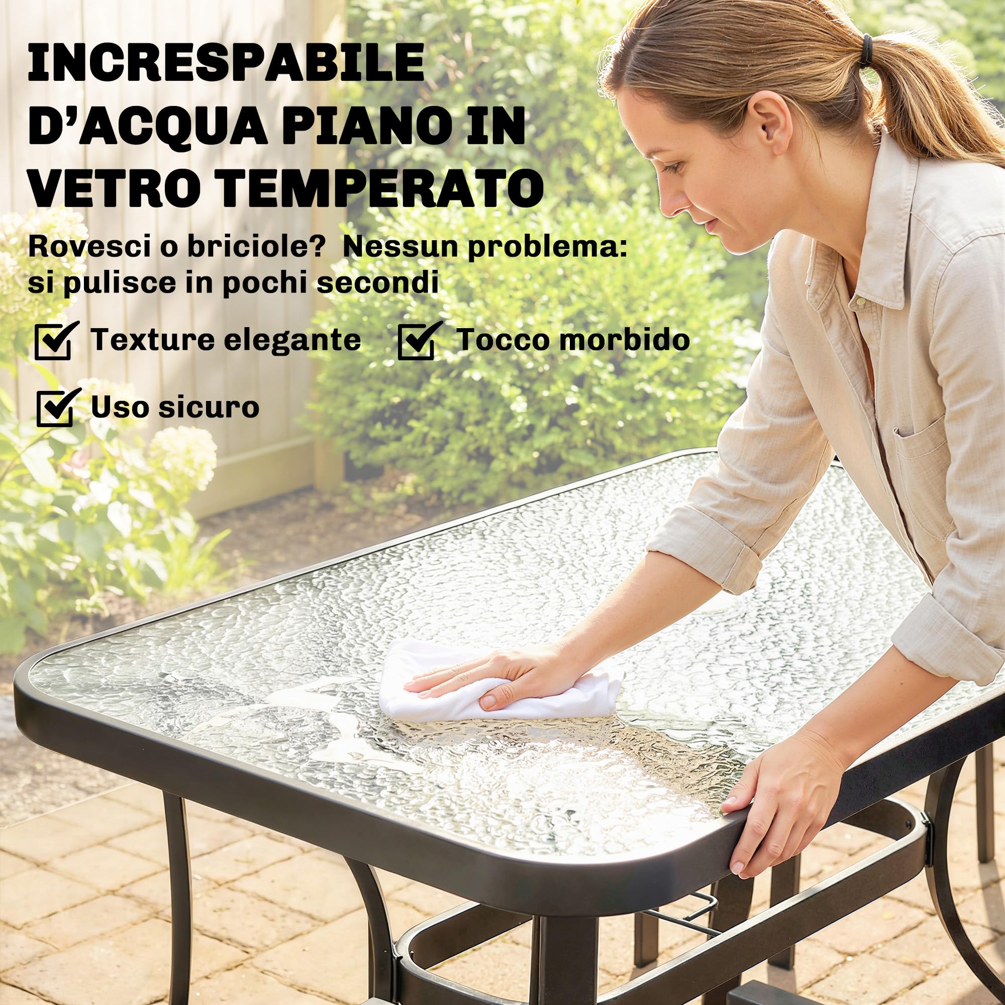 Outsunny Set Tavolo e Sedie da Giardino 5 Pezzi, Set Pranzo Esterno con 4 Sedie Impilabili Texteline, Tavolo Vetro Temperato, Foro Ombrellone, Acciaio, Grigio Chiaro