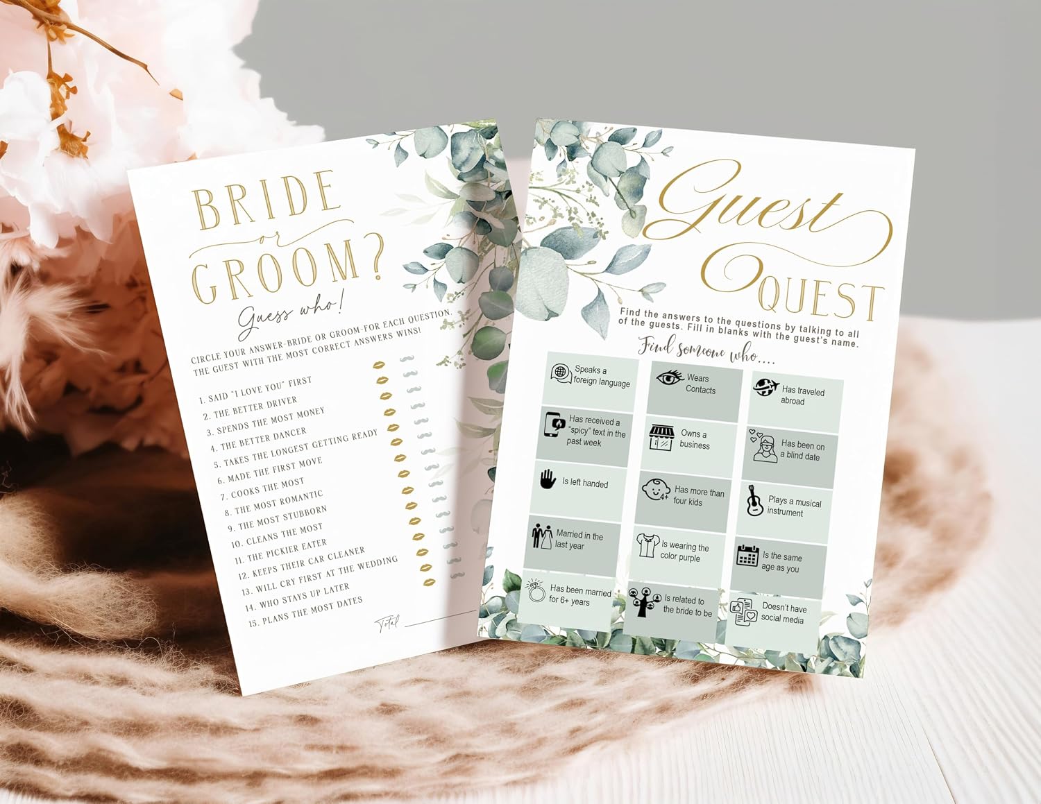 Your Main Event Prints Bridal Shower & Wedding Games Set, Four Games Plus Advice And Wishes Cards, 30 Guests, Elegant Greenery Theme image 5