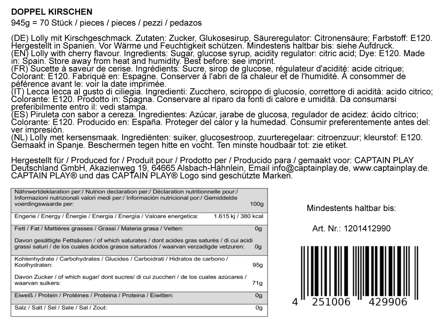 CAPTAIN PLAY - Bonbonnière avec 70 Sucettes Doubles - Sucettes avec deux Têtes - Aromatisés à la Cerise - dans Embollage individual - Boîte de 945g