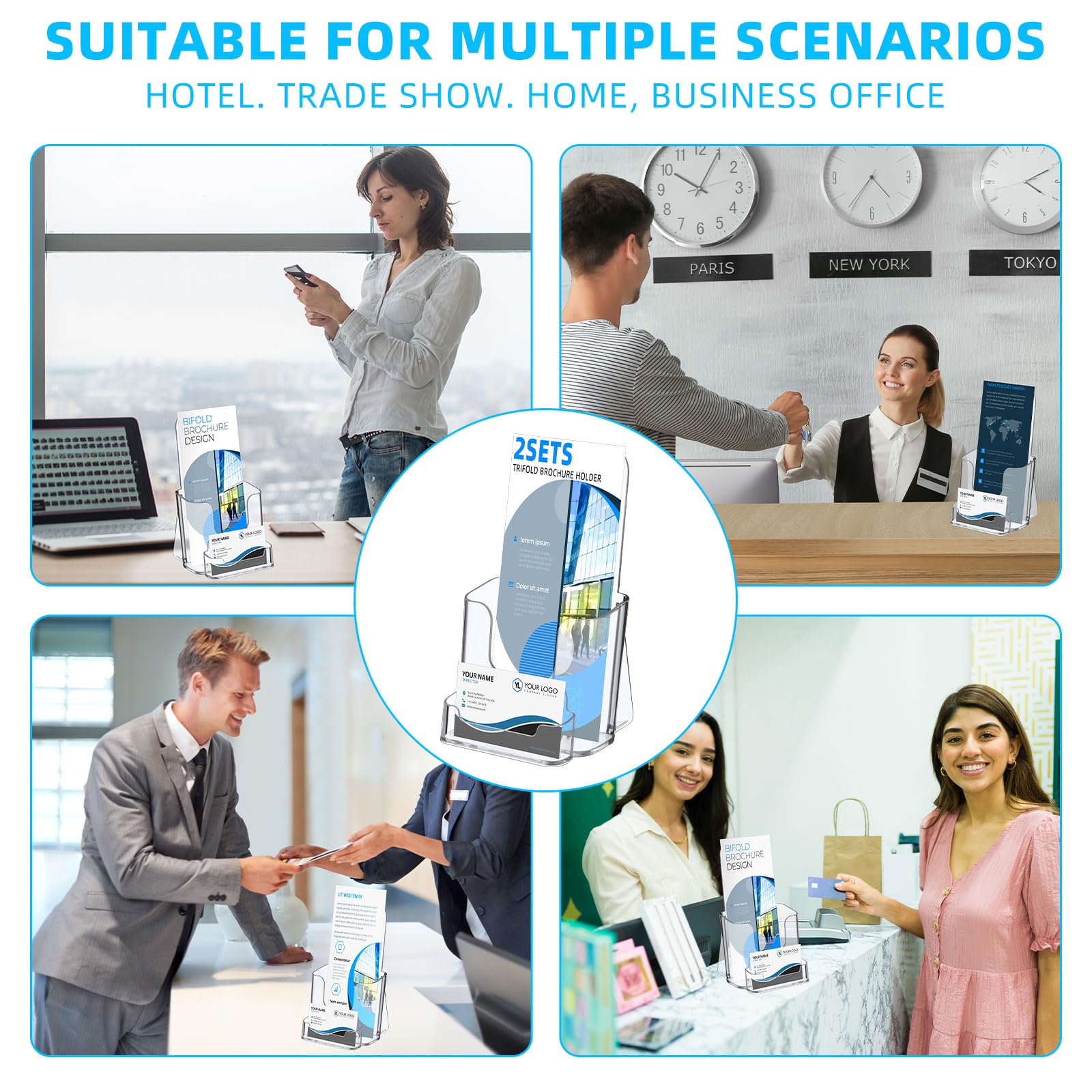 Feifeiya 2 juegos de soportes acrílicos para folletos de 4 pulgadas de ancho con soporte para tarjetas de visita, soporte transparente plegable para folletos, folletos, revistas, folletos para
