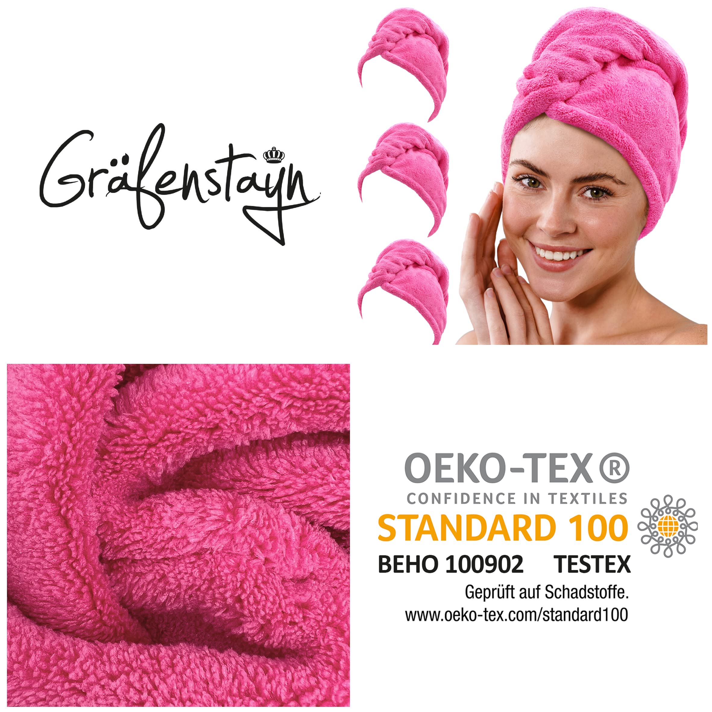 Gräfenstayn Set di 3 Asciugamani per Capelli in Microfibra con 2 bottoni - Asciugamano a turbante ad asciugatura rapida e assorbente - per capelli corti e lunghi (Fucsia)