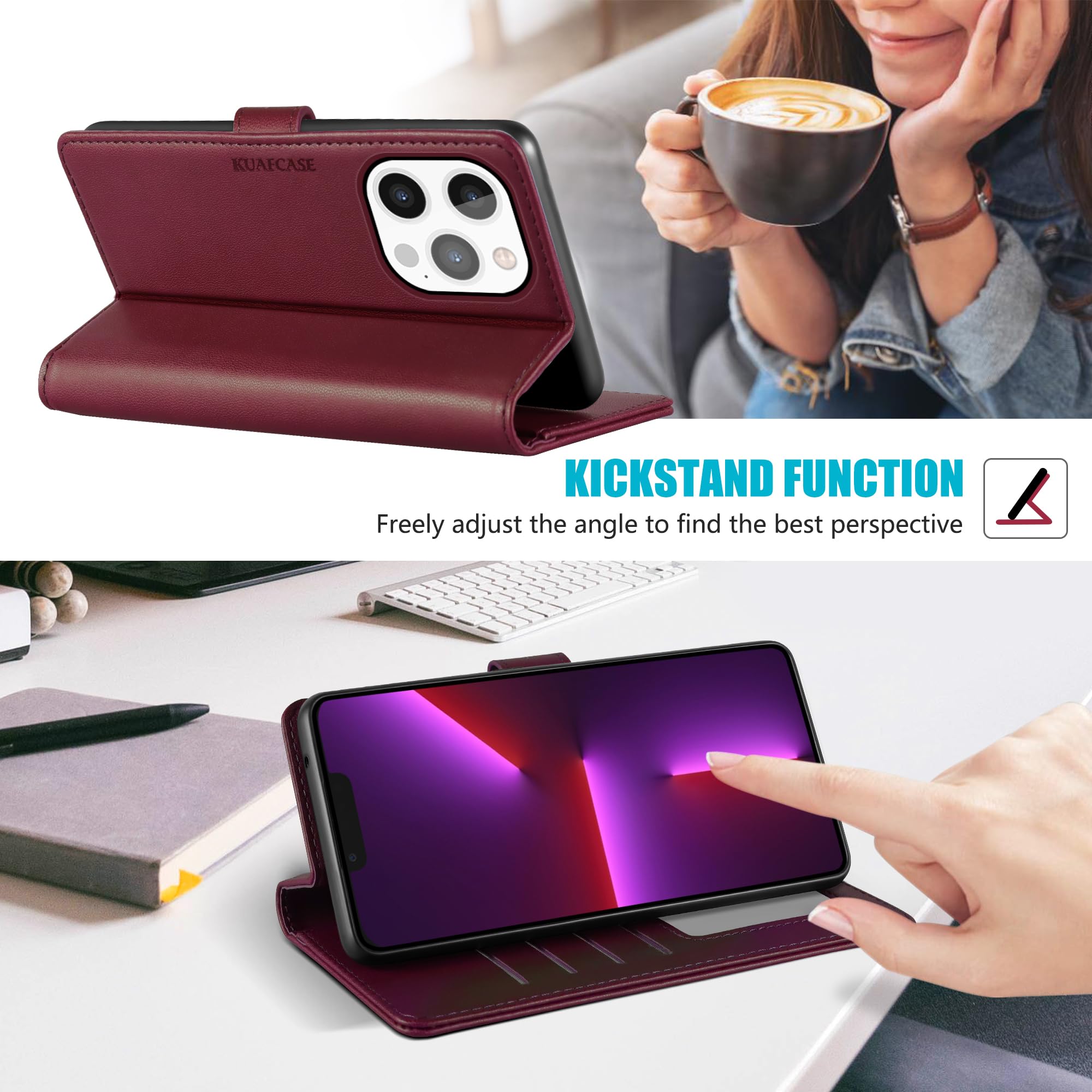 Kuafcase Compatible for iPhone 13 Pro Case with 4 Card Slots Magnetic Closure Kickstand Shockproof Protective Phone Case Compatible for iPhone 13 Pro - Image 4