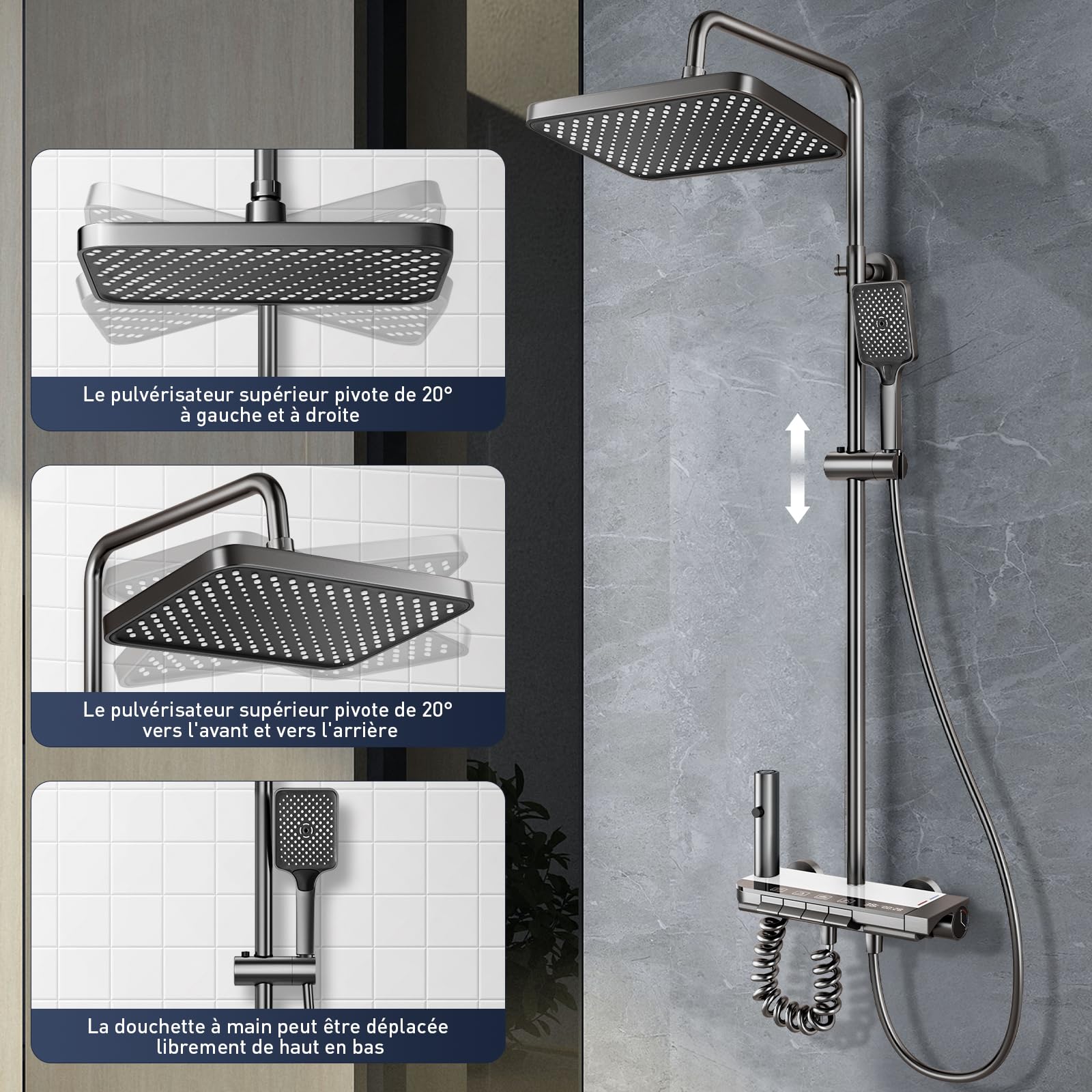 Colonne de Douche Thermostatique avec Affichage Numérique LED, Système de Douche à Effet Pluie avec Douchette à Main et Robinet en Cascade, Hauteur Réglable (Gris)