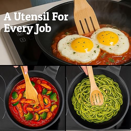 Miniatura 8 de PriorityChef - Cucharas de madera para cocinar, 6 piezas con soporte para utensilios, utensilios de cocina de bambú que no rayan, juego de