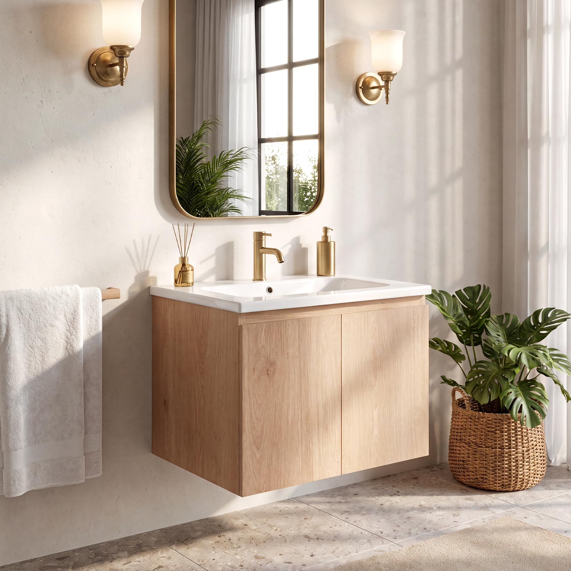 Waschbecken mit Unterschrank 60 cm, Hängend, Wandmontiert, Soft-Close | Handgefertigte Details, Keramikbecken, Soft-Close-Türen, versiegelte Kanten und Stauraum für kleine bis mittelgroße Bäder.
