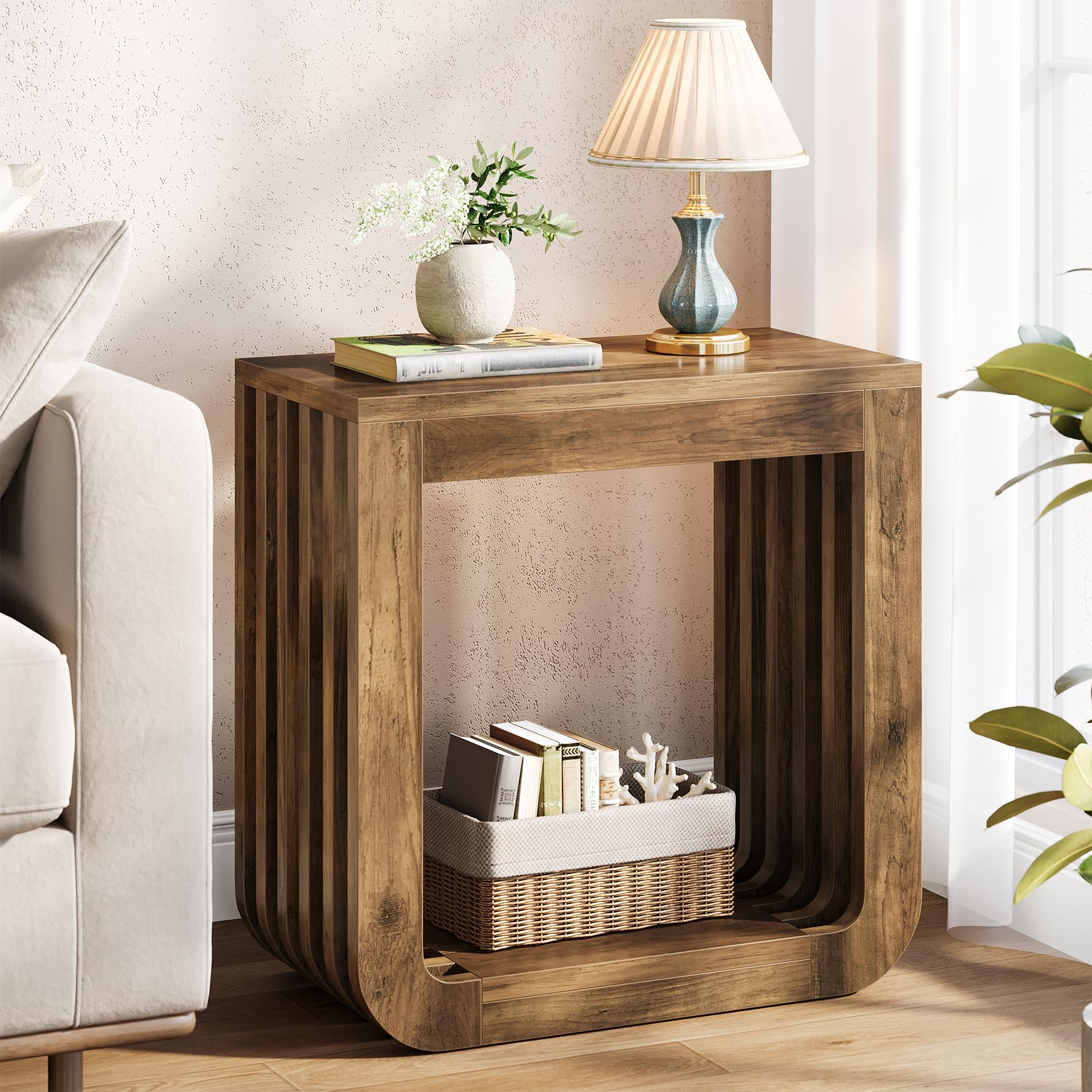 Tribesigns Side Table, Farmhouse Narrow End Table with Slatted Open Frame, Wooden Rustic Accent Sofa Side Table, Small Nightstand for Living Room Bedroom Small Spaces, Brown