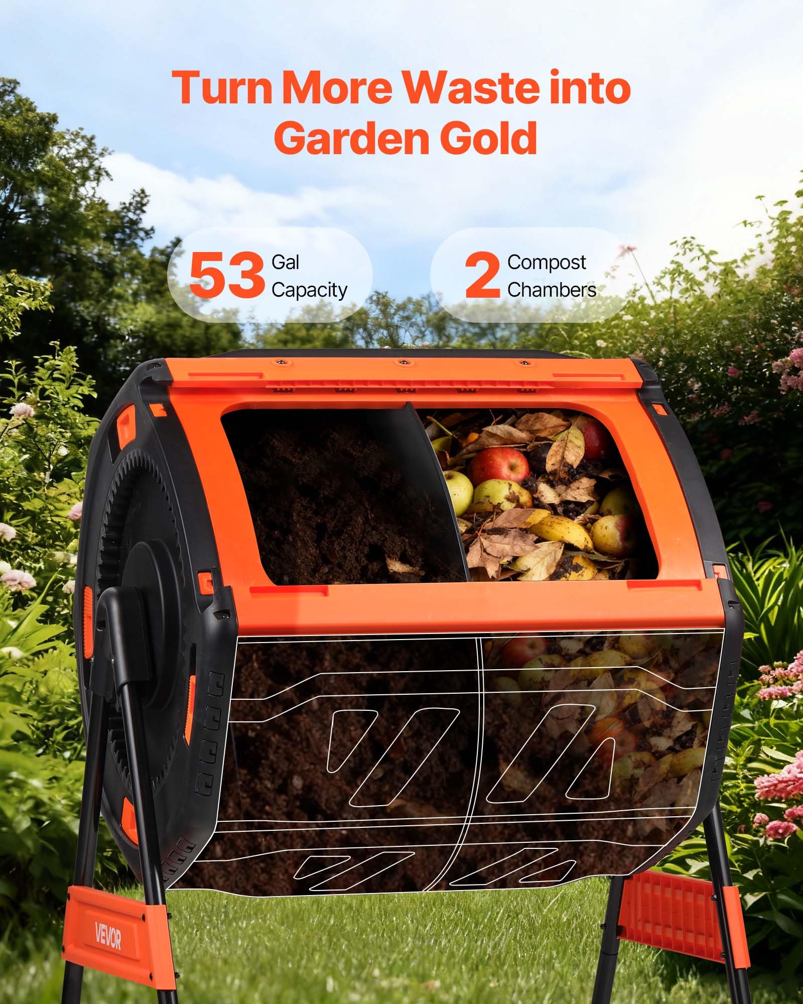 VEVOR Contenedor Giratorio para Compostaje 200 L Cámara Doble, Compostador de Compostaje Rotación Asistida por Manivela, Barril de Plástico, Estructura de Acero para Residuos de Exterior, Jardín