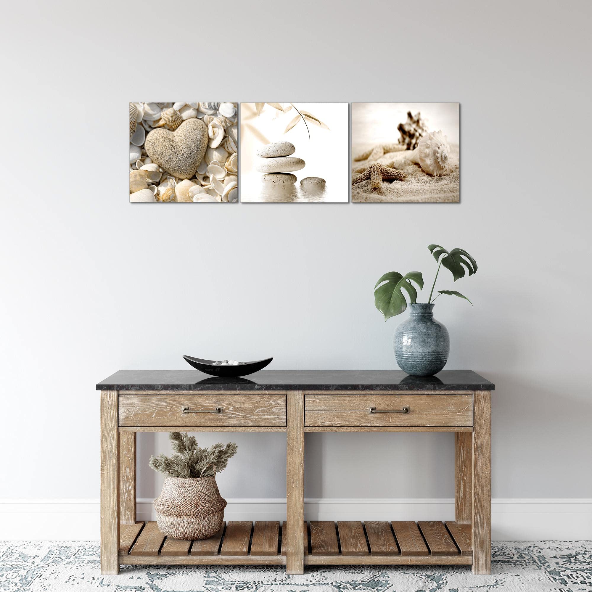 Runa Art Quadri Spiaggia Pietre 120 x 40 cm Murale Tela Non Tessuta Beige Multipanello Moderni Decorazione 501633a