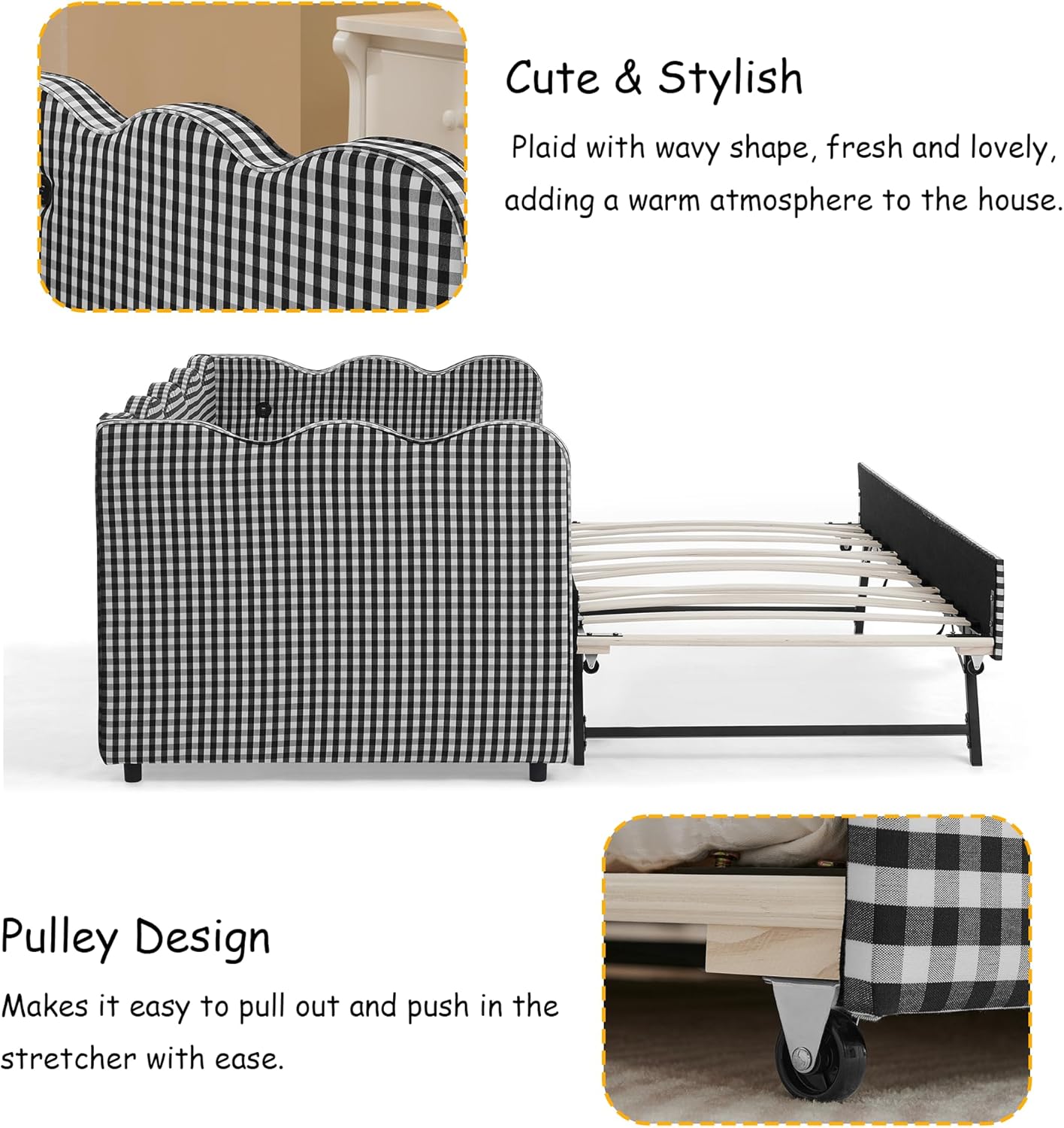 Close-up images showing the wave-shaped design of the daybed and the pulley wheels on the trundle for easy movement.
