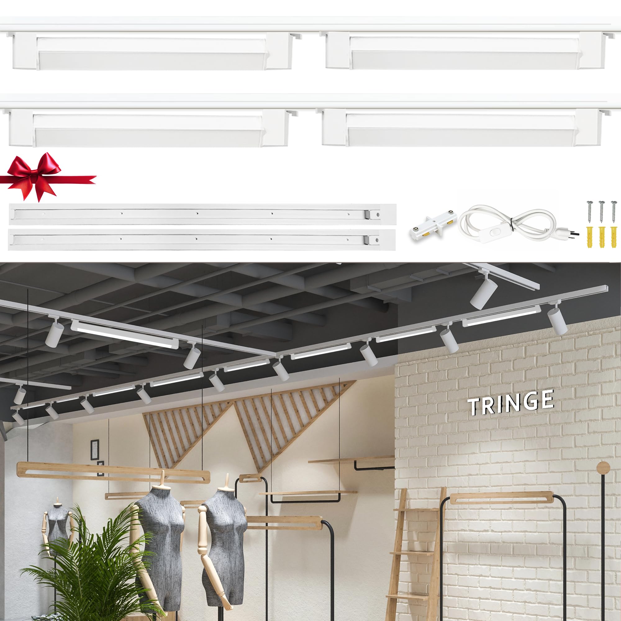 Track Lighting Complete Kits 4 LED Floodlights with 6.56 ft?3.28 * 2? H Type Rails, Natural Lighting 4000K 4 X 20W Basic Track Lighting Solutions 4 X 16.7inch Long Floodlights