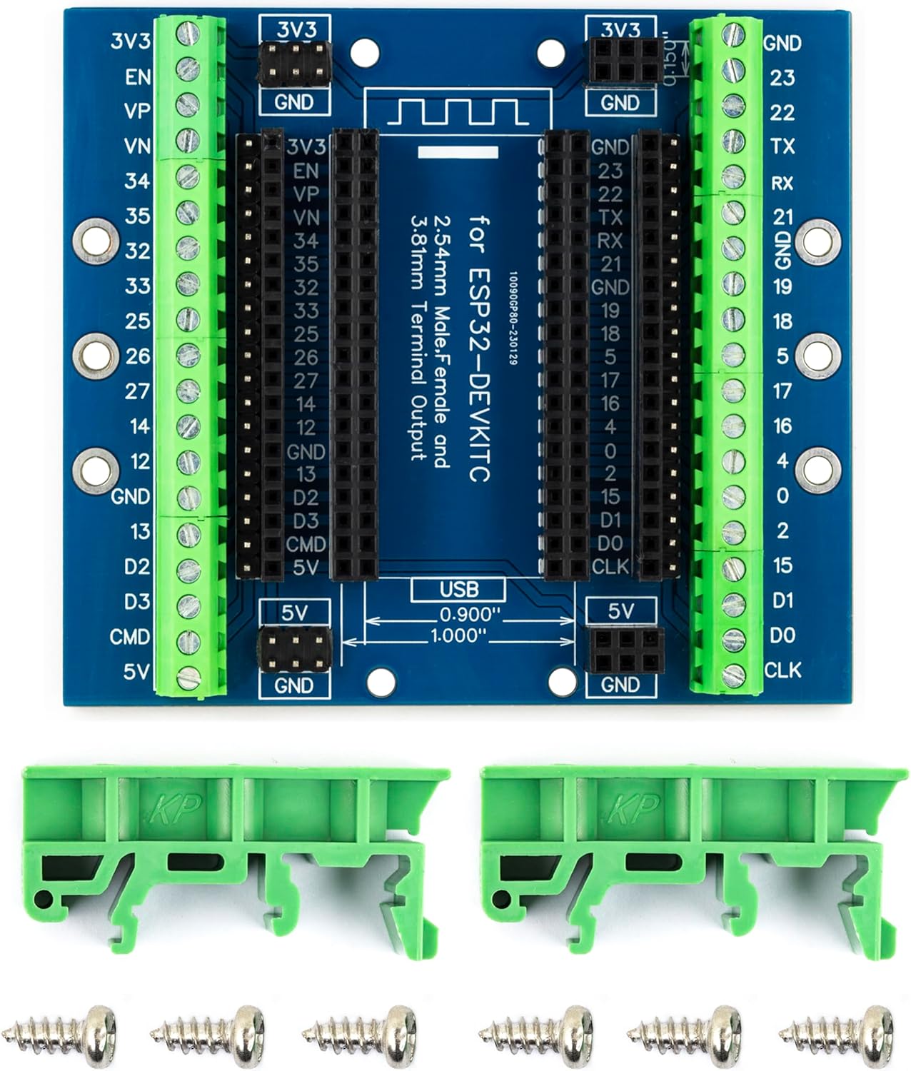 whiteeeen for ESP32 Breakout Board with Din Rail Mount 3.81mm / 0.15" Terminal GPIO Expansion Board 3 Types Outputs for ESP32 Module ESP-WROOM-32 ESP32-DevKitC Block PCB