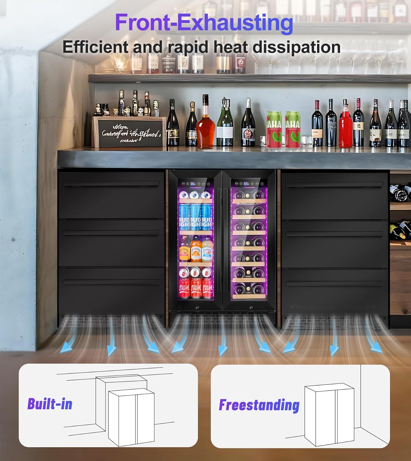3-Tier Drawer Beverage Refrigerator, 24 inch Undercounter & Built-in Beverage Fridge with Temperature Control, Waterproof Outdoor Hold 180 Can Beverage Cooler with Drawer for Home & Commercial Use