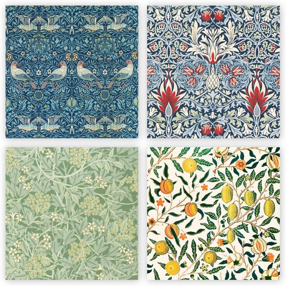 Mixed pack of blank greeting cards and envelopes, 12 note cards 4 different William Morris designs, blank greeting inside notelet and envelope sets. (14x14cm)