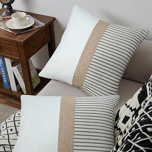 Miniatura 6 de Juego de 2 fundas de almohada cuadradas de estilo rústico de 18 x 18 pulgadas, fundas decorativas de rayas blancas y negras para sofá, cama, sala de