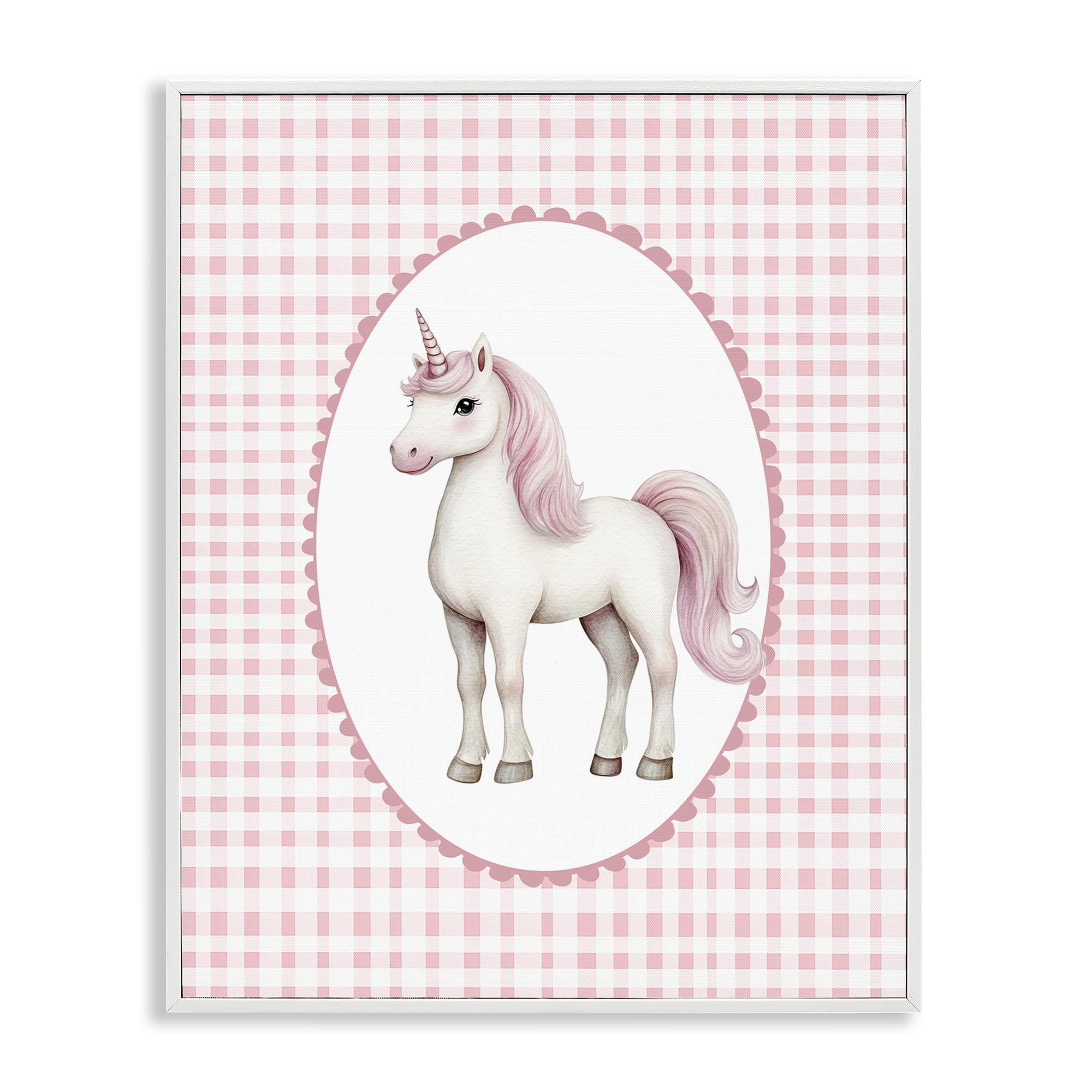 Stupell Industries Coastal White (Textured) 'Pink Gingham Unicorn'| Framed Giclee Art