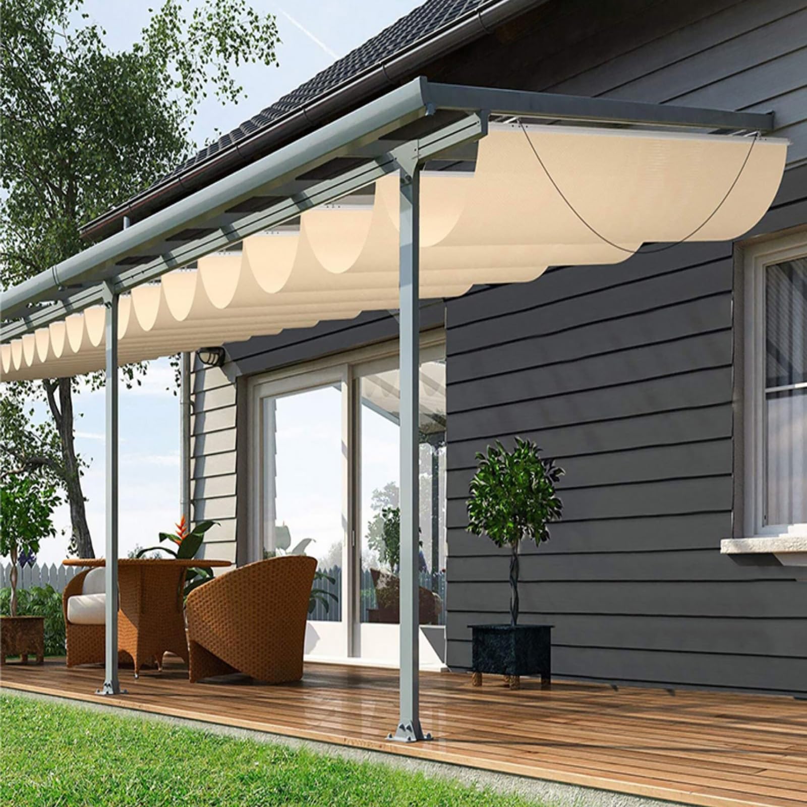 Wysuwany żagiel przeciwsłoneczny odporny na promieniowanie UV z akcesoriami instalacyjnymi, idealny na patio, balkony i do ogrodu - zielony 2 x 6 m baldachim zewnętrzny.