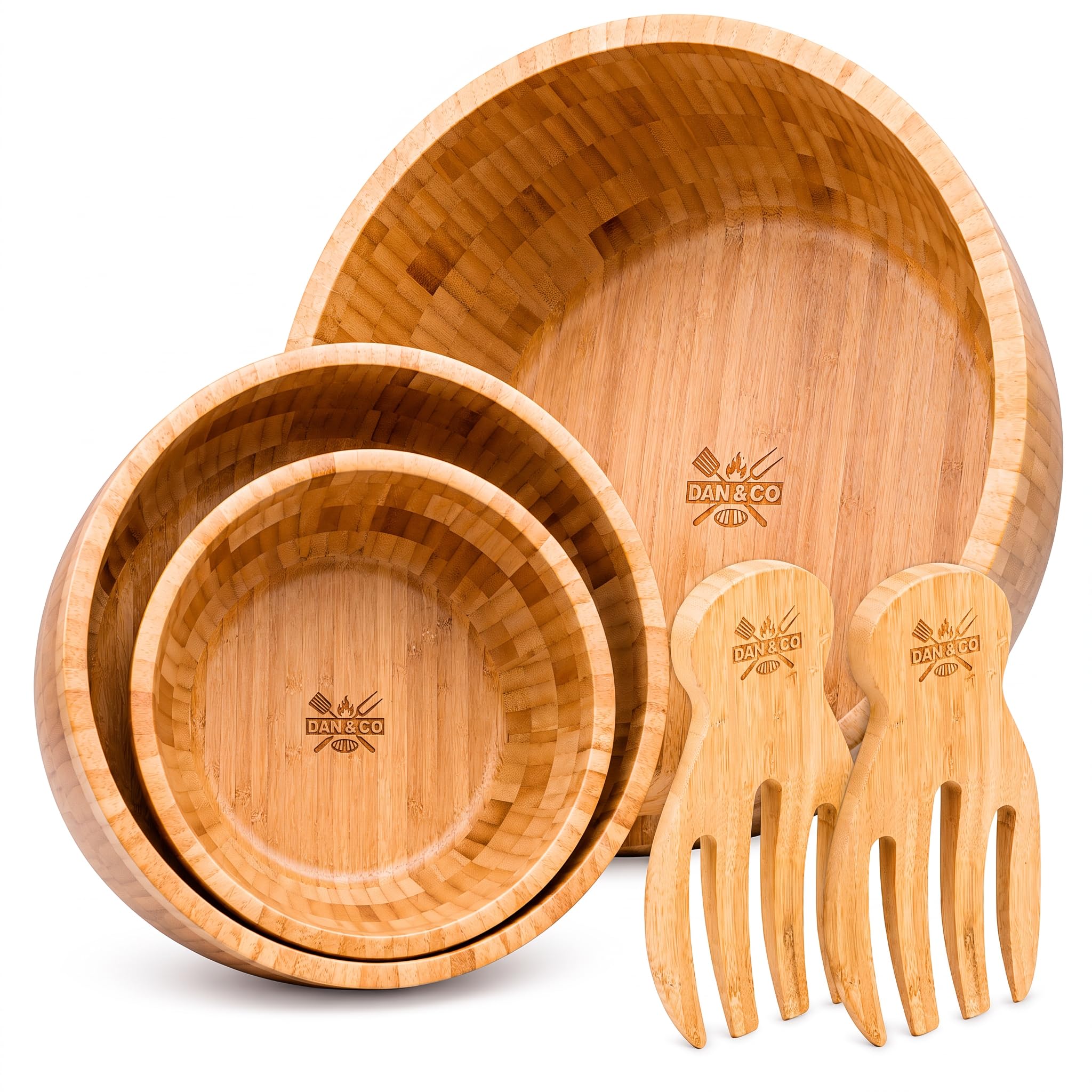 Dan&Co Ensemble Saladier Bois avec Grand Bols Bambou & Couverts à Salade | 3 bol en bois premium et 2 couverts à salade | Grands, moyens et petits bols pour servir des pâtes, des fruits et des snacks