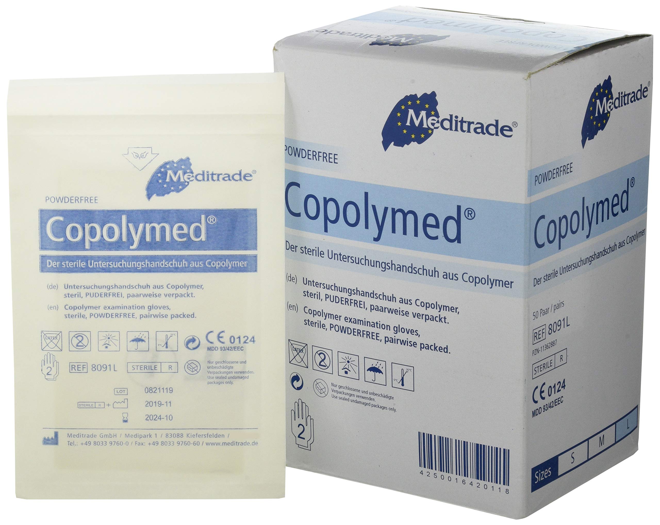Meditrade 8091l Copolyme Sterile Guanti Singolarmente, Sterili, Cipria, Libero, Misura Large (Confezione da 100)