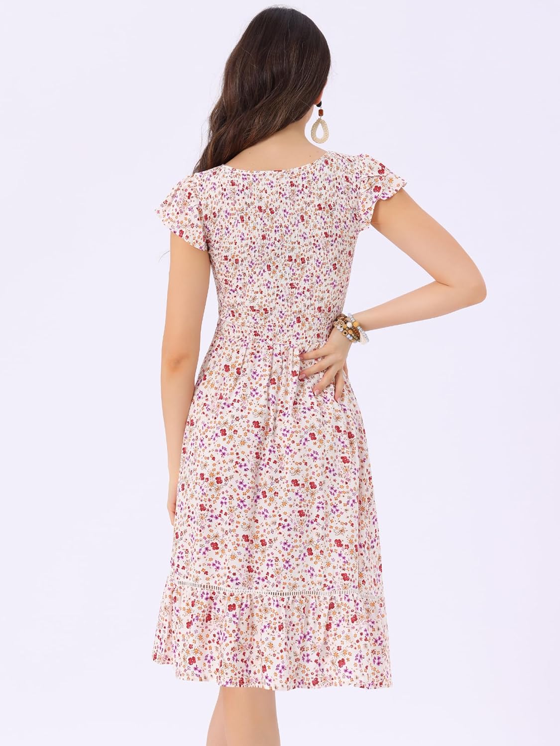 Allegra K Midi Dress for Women's Smocked Floral Fit and Flare Dresses - Image 2