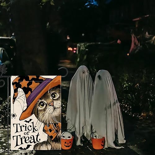 Miniatura 5 de Bandera de jardín de Halloween con fantasma, gato Boo, 12 x 18 pulgadas, vertical de doble cara con calabaza feliz Halloween, decoración exterior,