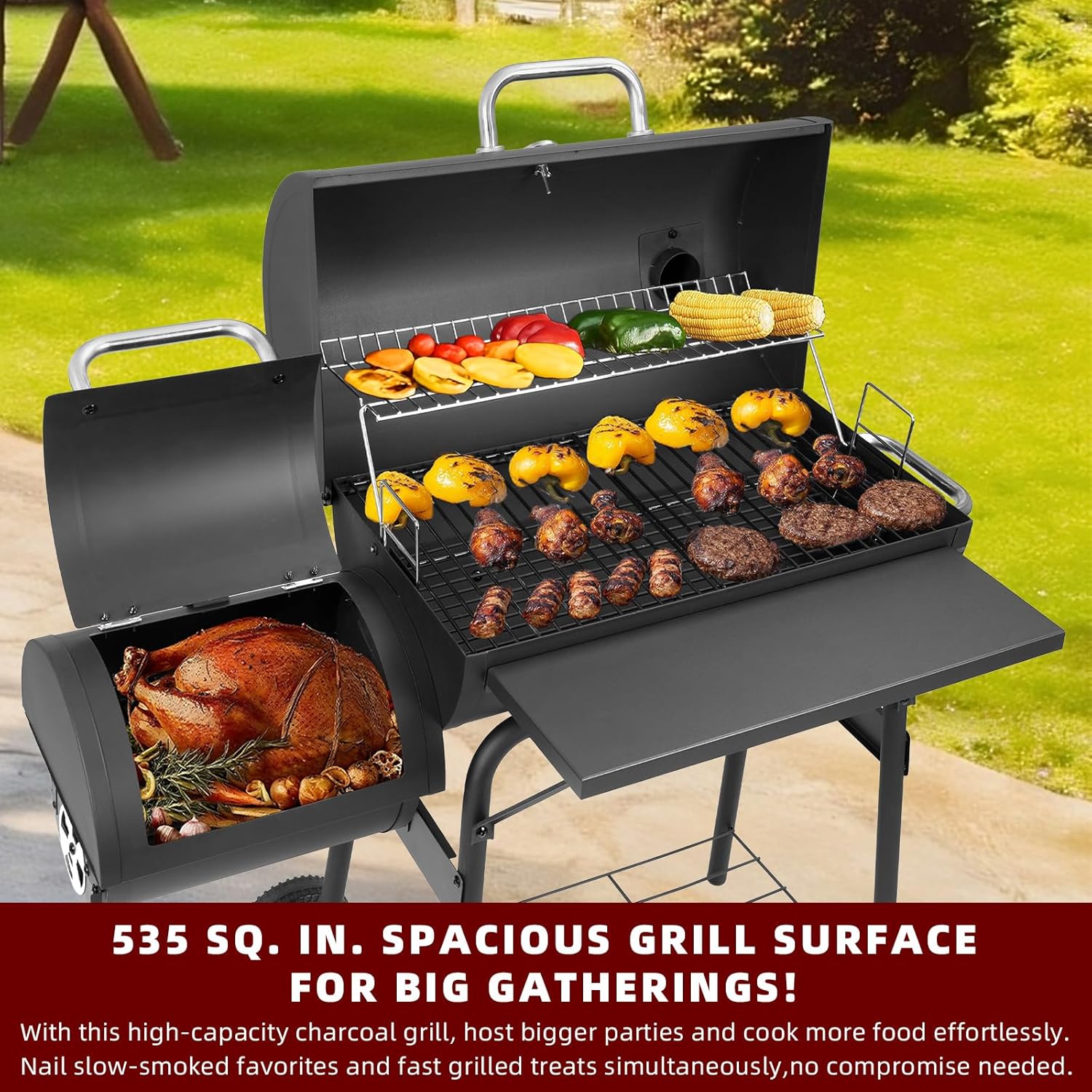 Charcoal Grill with Offset Smoker,BBQ Grills with Side Table,Outdoor Cooking with 535 Square Inches,Backyard Camping Picnics, Patio and Parties, Black by DNKMOR
