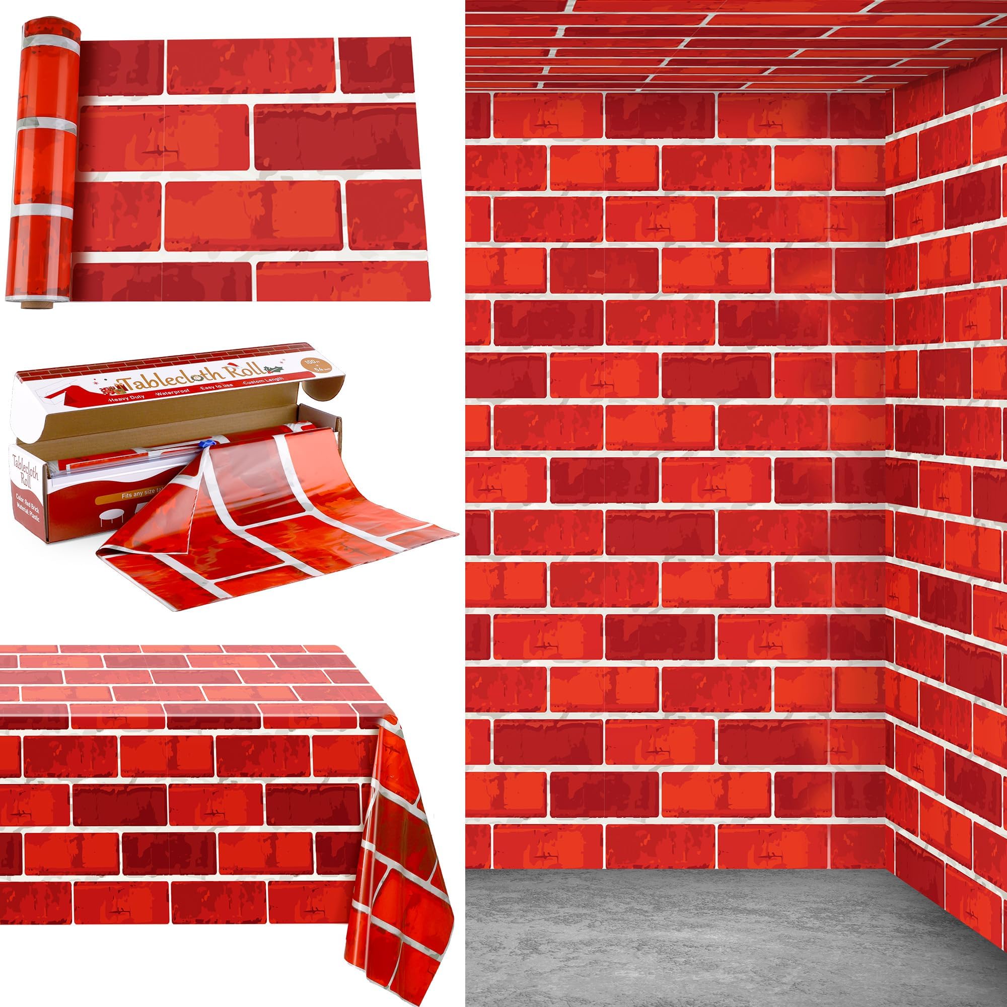 Kochorie 100 Ft x 54 Inch Red Brick Wall Backdrop Tablecloth Roll with Cutter Box Disposable Brick Wrapping Table Cover Bulletin Board for Christmas Halloween Birthday Party, Red