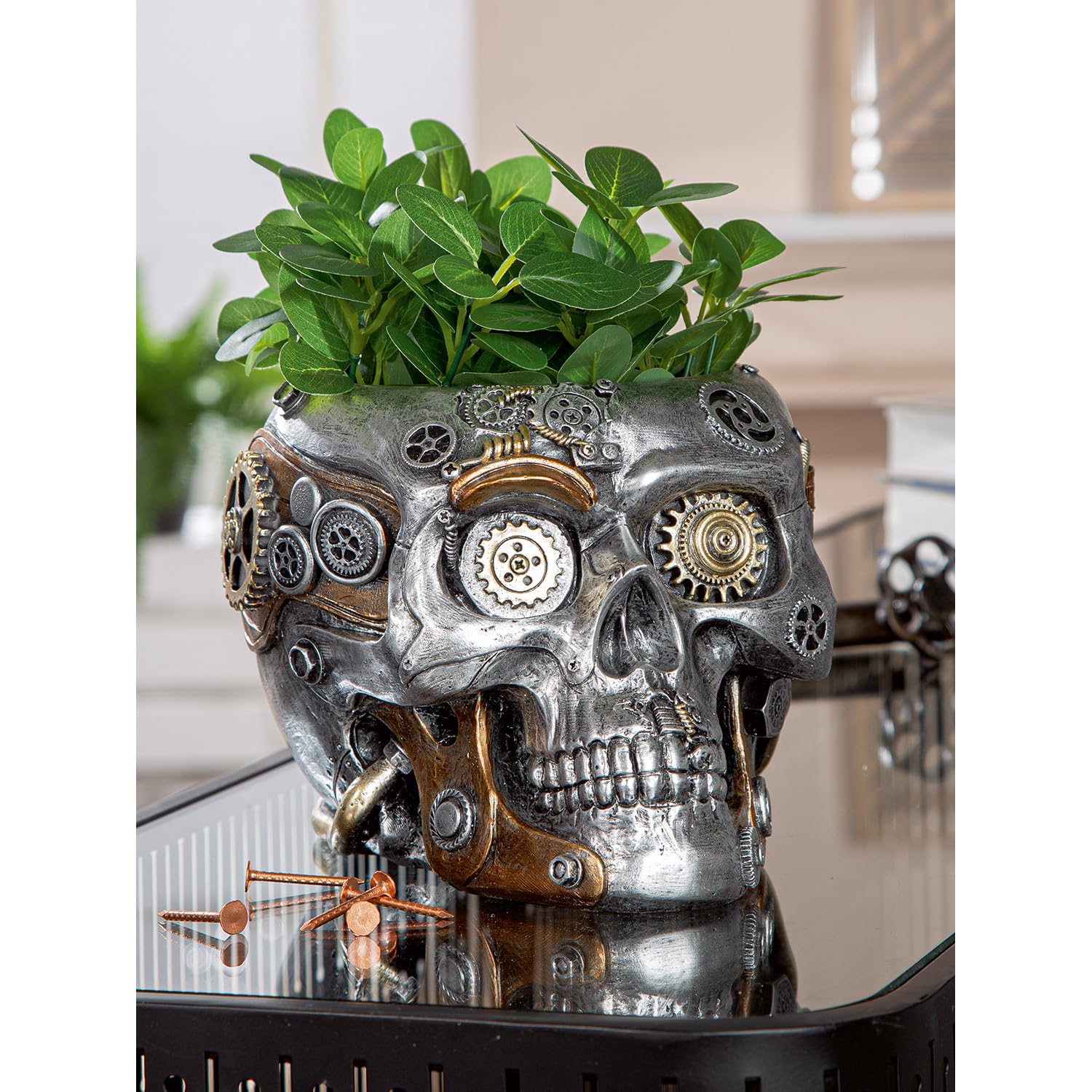 GILDE Steampunk Skull Planter - Portavaso in resina artificiale, altezza 14 cm x larghezza 18 cm, colore argento, finitura anticata, motivo ingranaggi, teschio