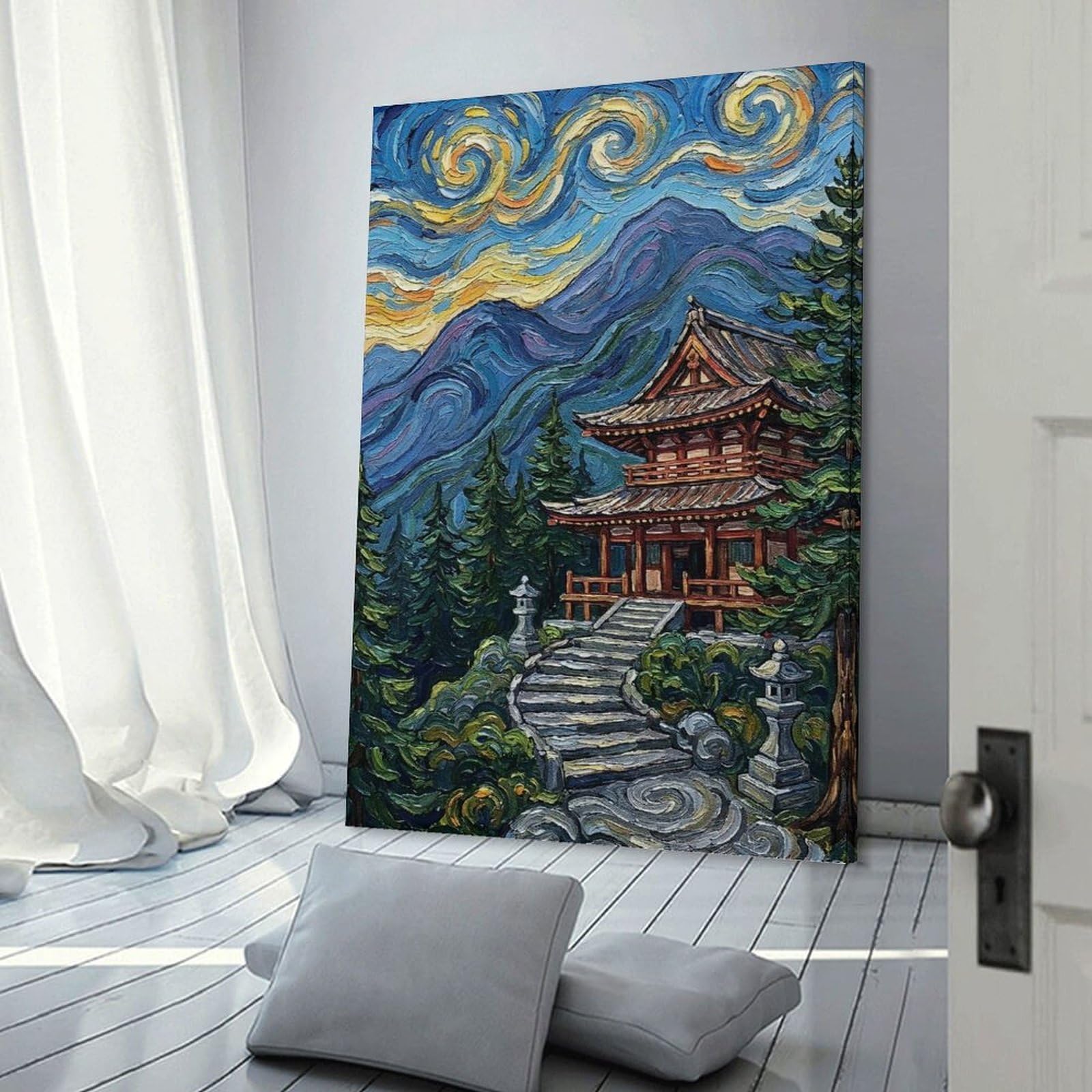 Junmoney Japanese Temple Under Starry Sky Wall Decor Canvas Print, 12x18inch(30x45cm), for Home Lounge, Bedroom Or Reading Nook, Decorative Artwork for Empty Walls