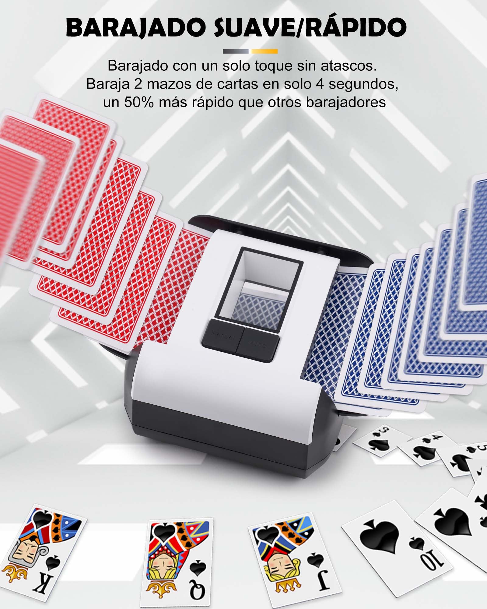 Barajador de Cartas Automático, Mezclador Eléctrico para 1-2 Barajas Modo Automático y Manual Recargable 2000mAh Bajo Nivel de Ruido para Póquer UNO Blackjack Skip-Bo Phase 10 Texas Hold'em