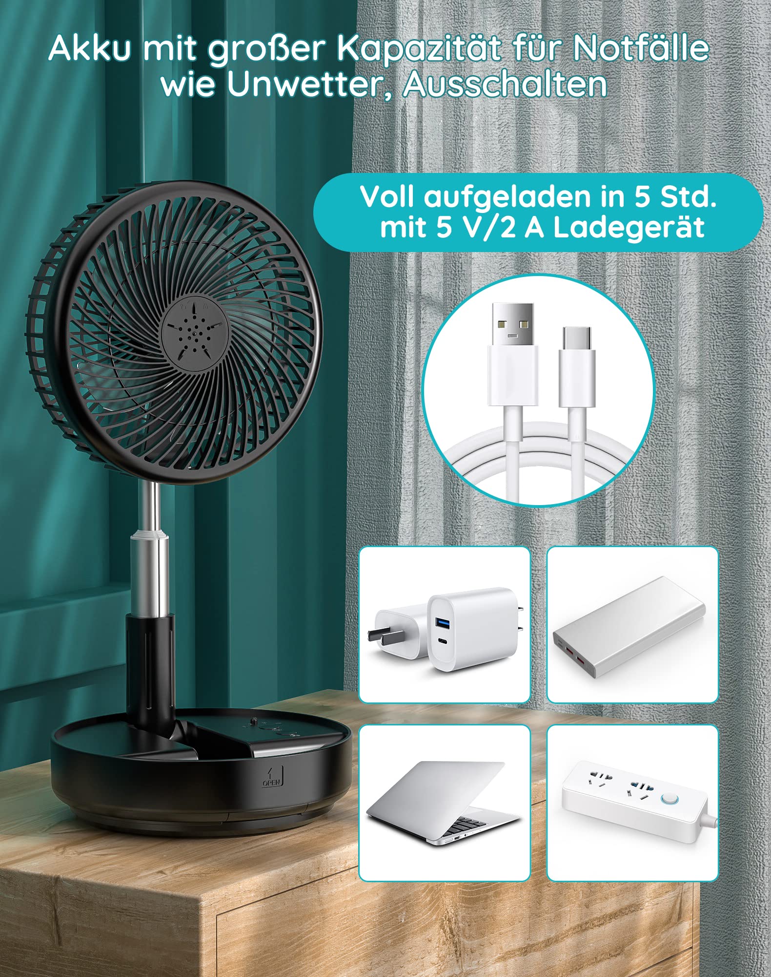 Primevolve Tischventilator Standventilator 8 Zoll oszillierend faltbar Fernbedienung 4 Geschwindigkeiten Akku USB Schwarz