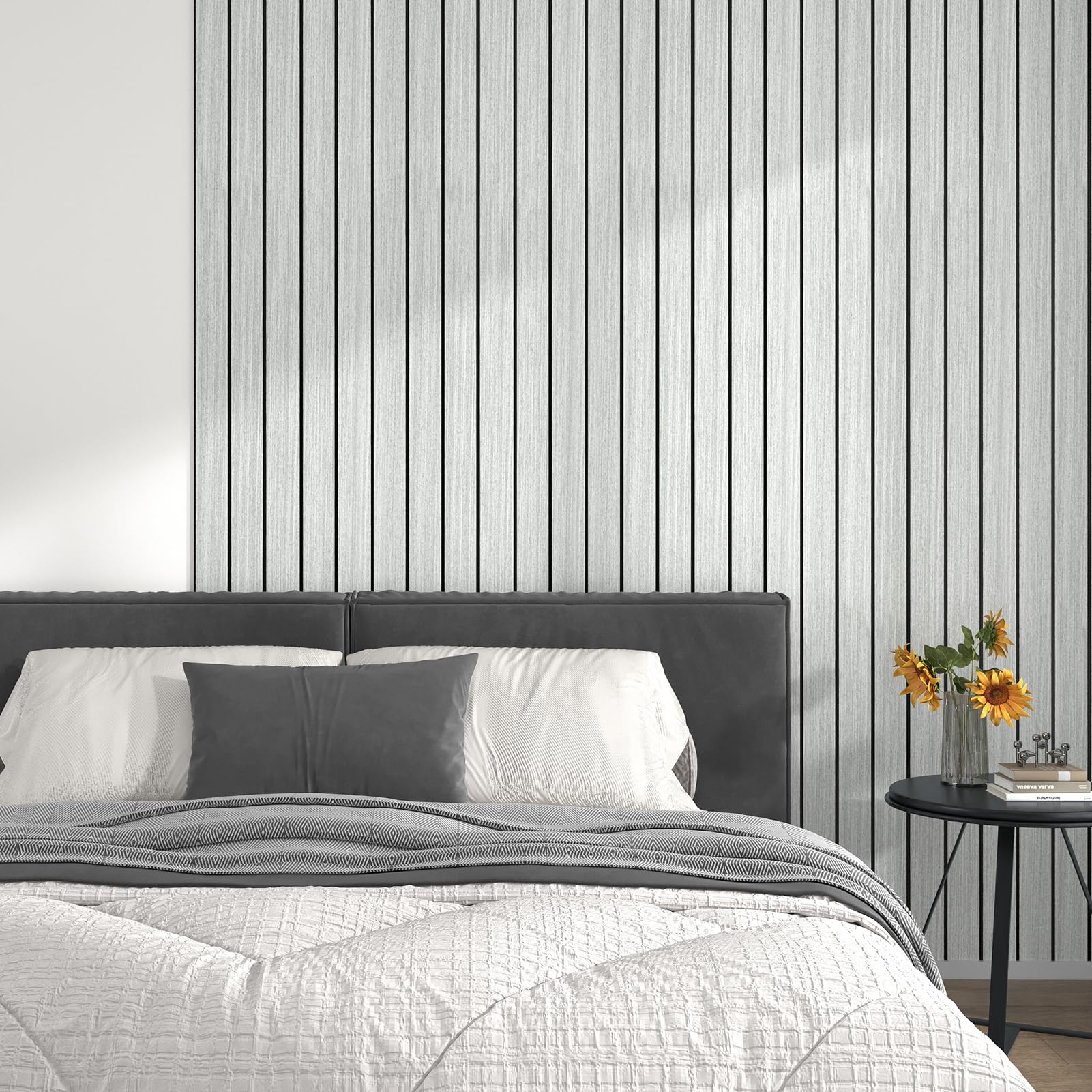 Panneaux Muraux 3D Autocollants En Vinyle Effet Bois Gris Et Blanc Pour Salon Cuisine Panneau Mural Adhesif Decoratif PVC Salle De Bain Panneau Mousse Acoustique Bois 30cm×300cm