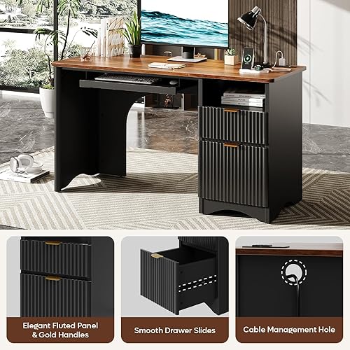 Miniatura 6 de Bestier - Escritorio para computadora con bandeja para teclado, escritorio de oficina de 55 pulgadas con toma de corriente, escritorio moderno para