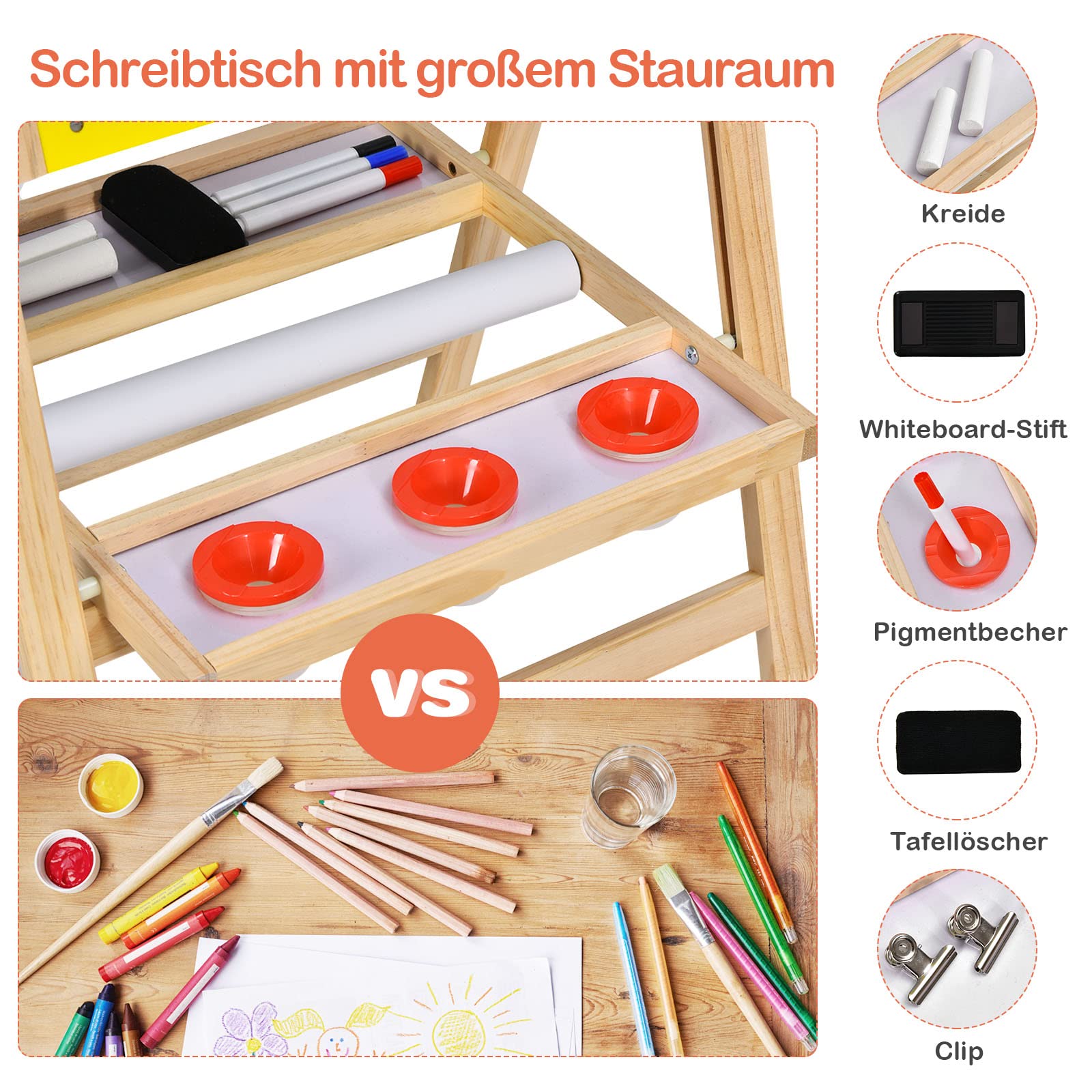 COSTWAY 3 in 1 Kinder Staffelei aus Kieferholz doppelseitig, Whiteboard & Kreidetafel & Zeichenpapier höhenverstellbar/klappbar, Kindertafel mit Ablage und Zubehör (Gelb)