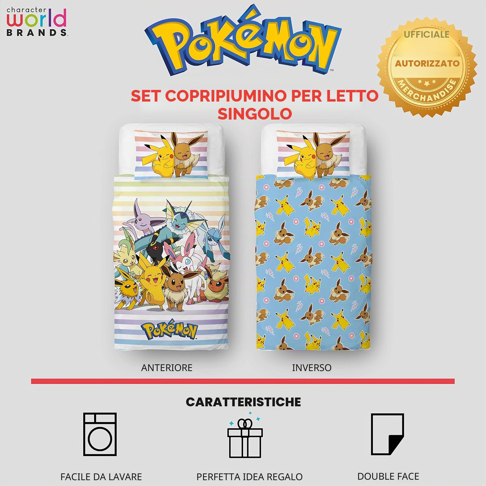 Set copripiumino singolo per bambini, con licenza ufficiale, motivo Pikachu Group reversibile a 2 lati, con federa coordinata, set da letto singolo di marca del mondo dei personaggi | policotone