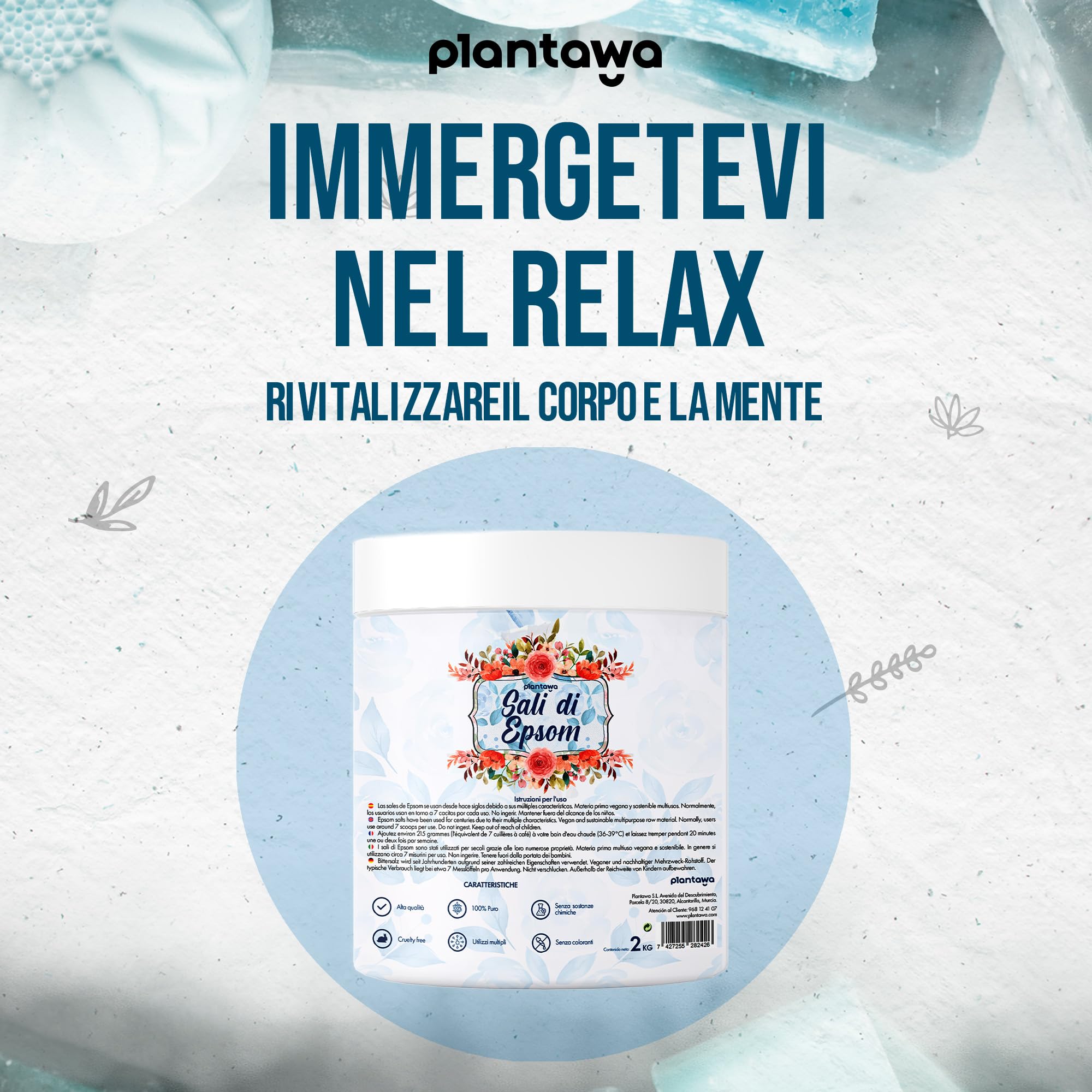 PLANTAWA Sale di Epsom 2kg | Sali da Bagno Rilassanti con Solfato di Magnesio Puro | Relax Muscolare, Cura della Pelle e Benessere Naturale | Bagno Rilassante e Schiumoso | Senza Tossine e Additivi