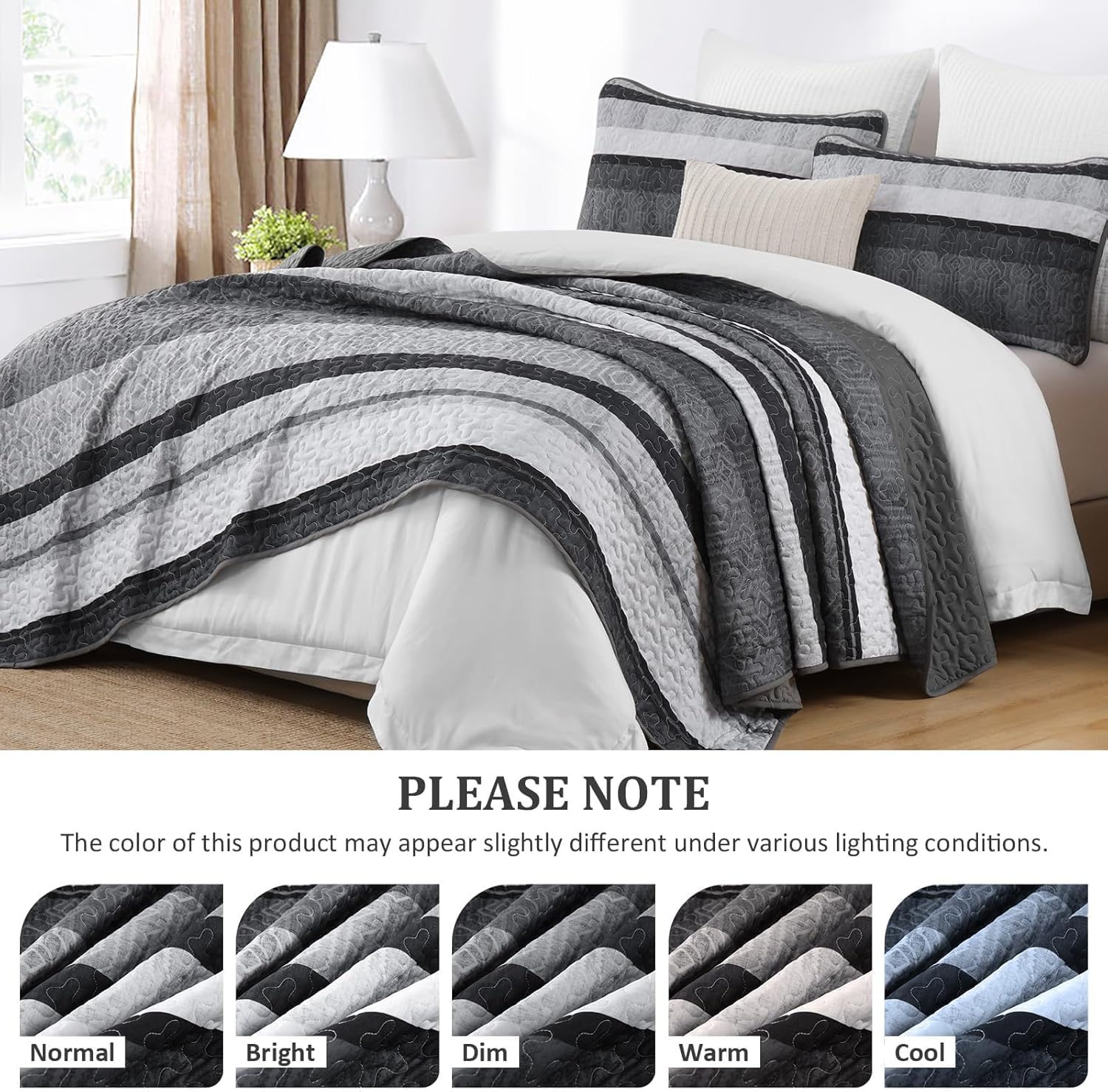 Dobuyly Grey Queen Quilt Set, Boho Bedspread Queen Size, Striped Bedding Sets 3 Pieces, Lightweight Soft Gray Black Coverlet Bed Sets with 2 Pillow Shams 96"x90"